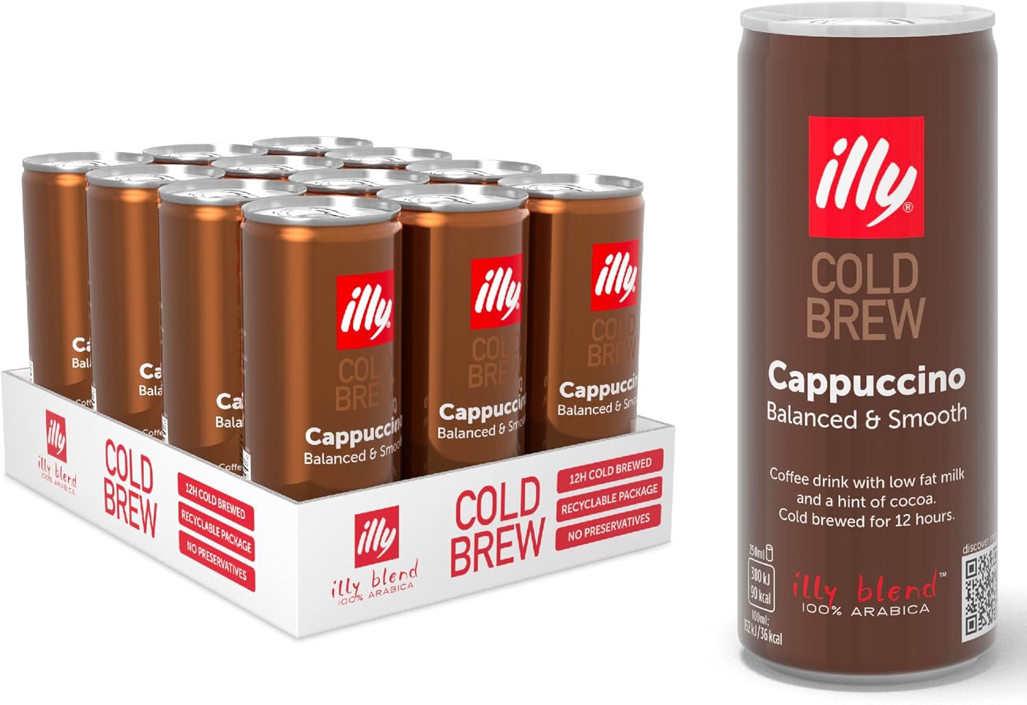 illy Coffee - Cold Brew Coffee - Cappuccino - Iced Coffee - Medium Roast - 100% Arabica Coffee - No Preservatives - Ready to drink - 12 x 250ml tins