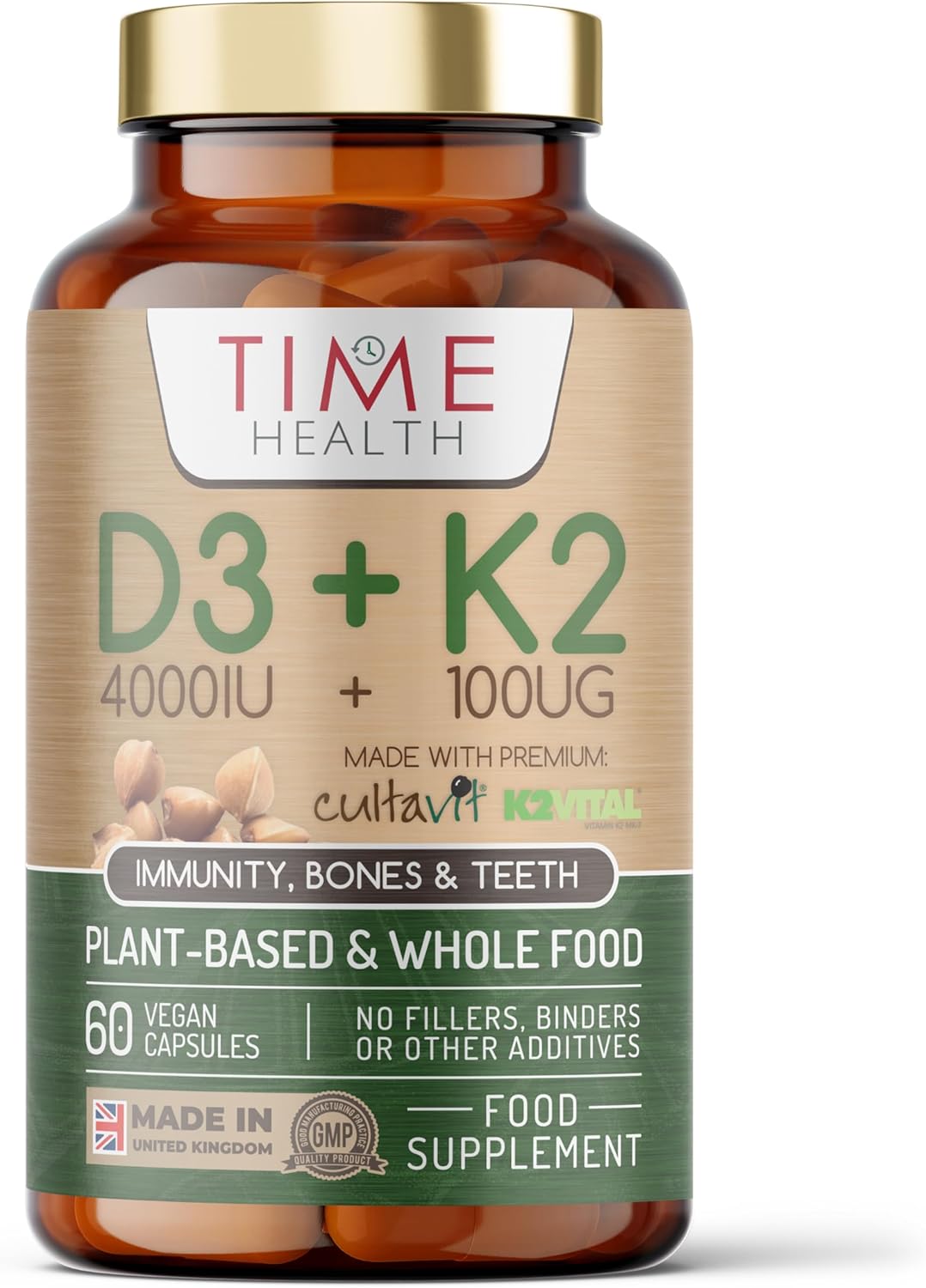 Vitamin D3 + K2 – 4000IU + 100UG – Whole Food & Plant-Derived – CULTAVIT® D3 (Cholecalciferol) – K2VITAL® K2 MK-7 - UK Made Supplement - Zero Additives (60 Capsule Bottle) (60 Capsule Bottle)