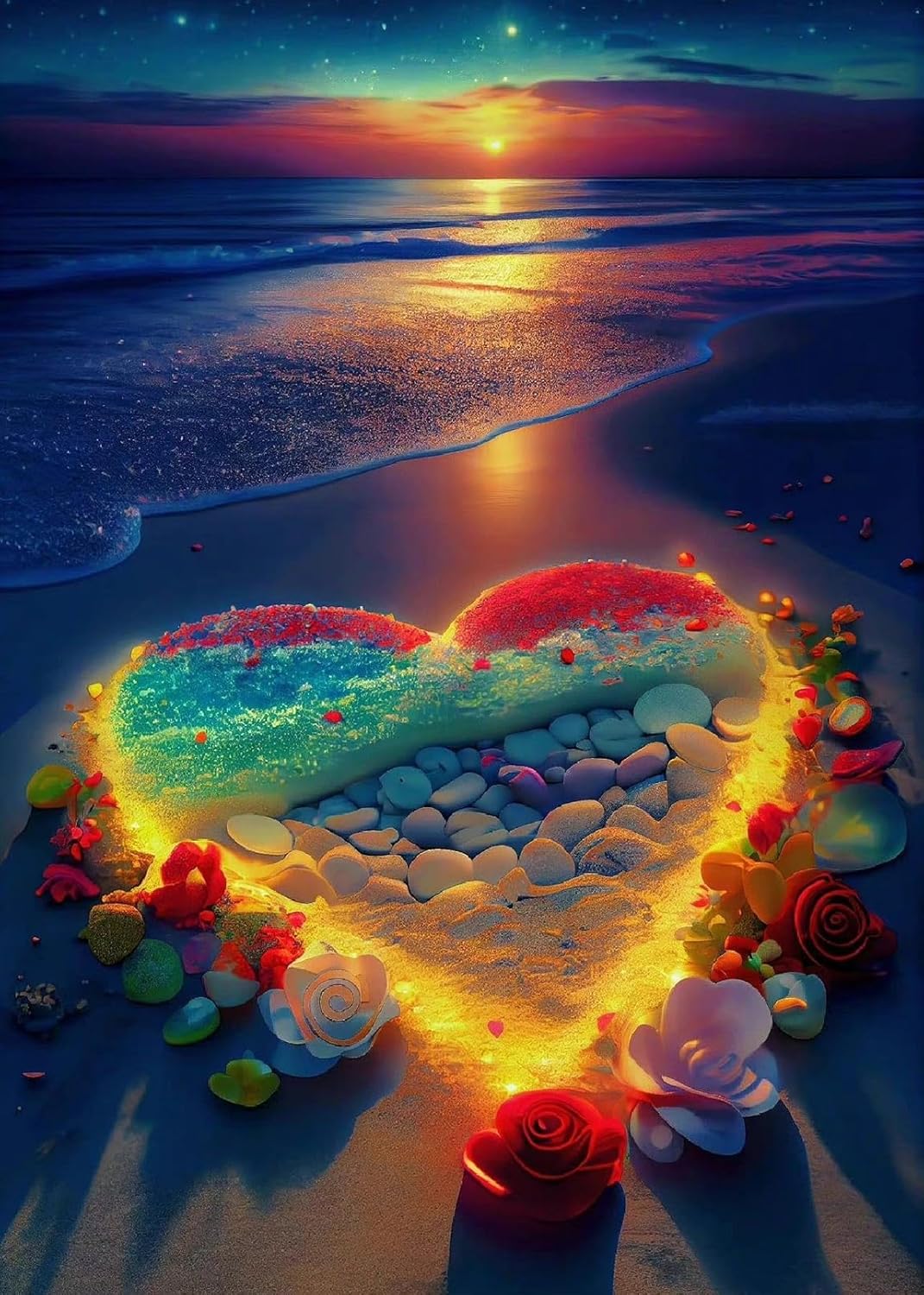 KINPLUB Heart Beach Diamond Painting Kits for Adults, 5D Sunset Diamond Art Kits for Beginners, DIY Full Drill Seaside Paint with Round Diamond Dots, Home Wall Decor 12 x 16 Inch