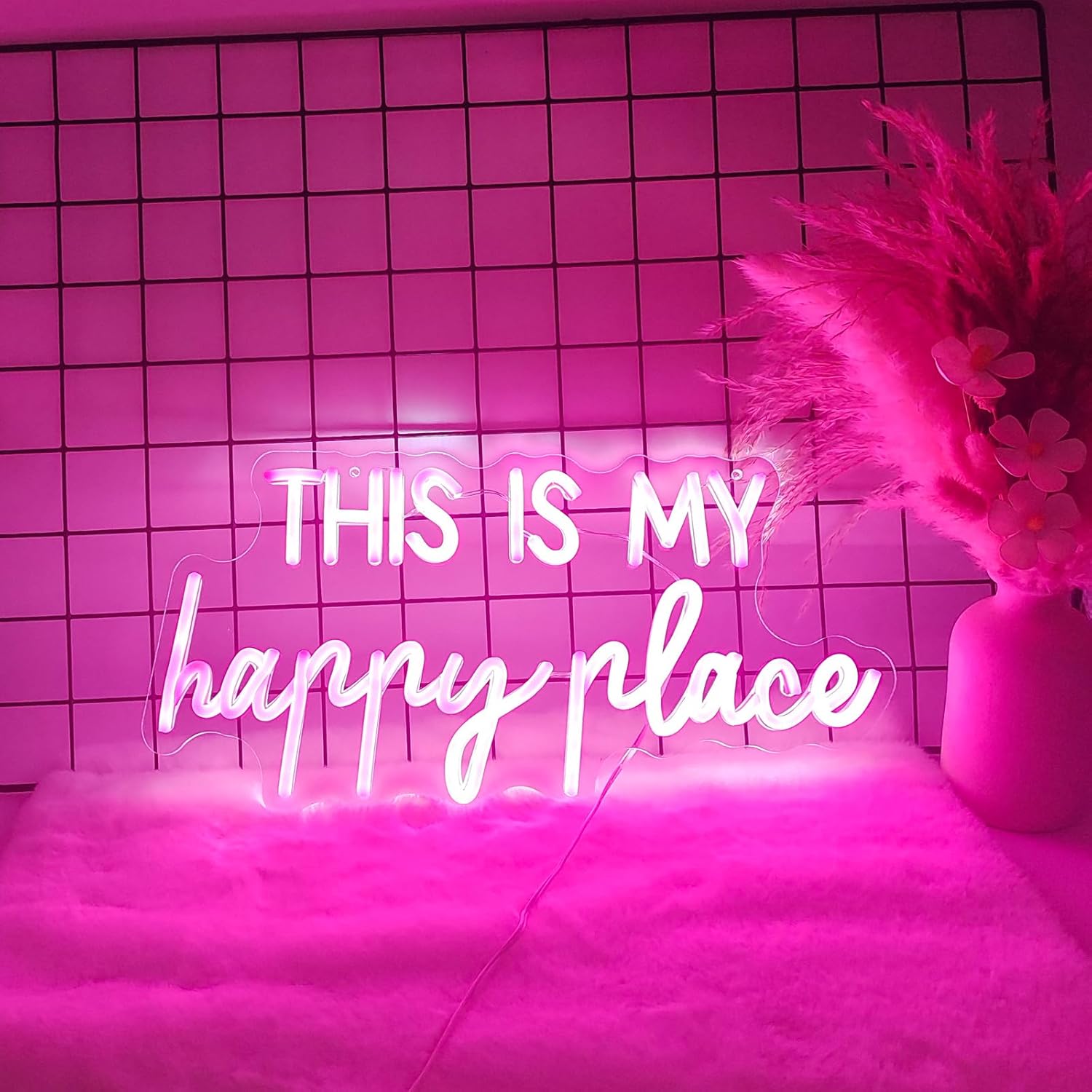 Neon Signs for Wall Decor - This Is My Happy Place Neon Signs for Teen Girls Bedroom Decor, Pink Led Neon Lights for Wall Decor, Nightstand Light, Dimmable Switch USB Power, Adhesive Hook Included