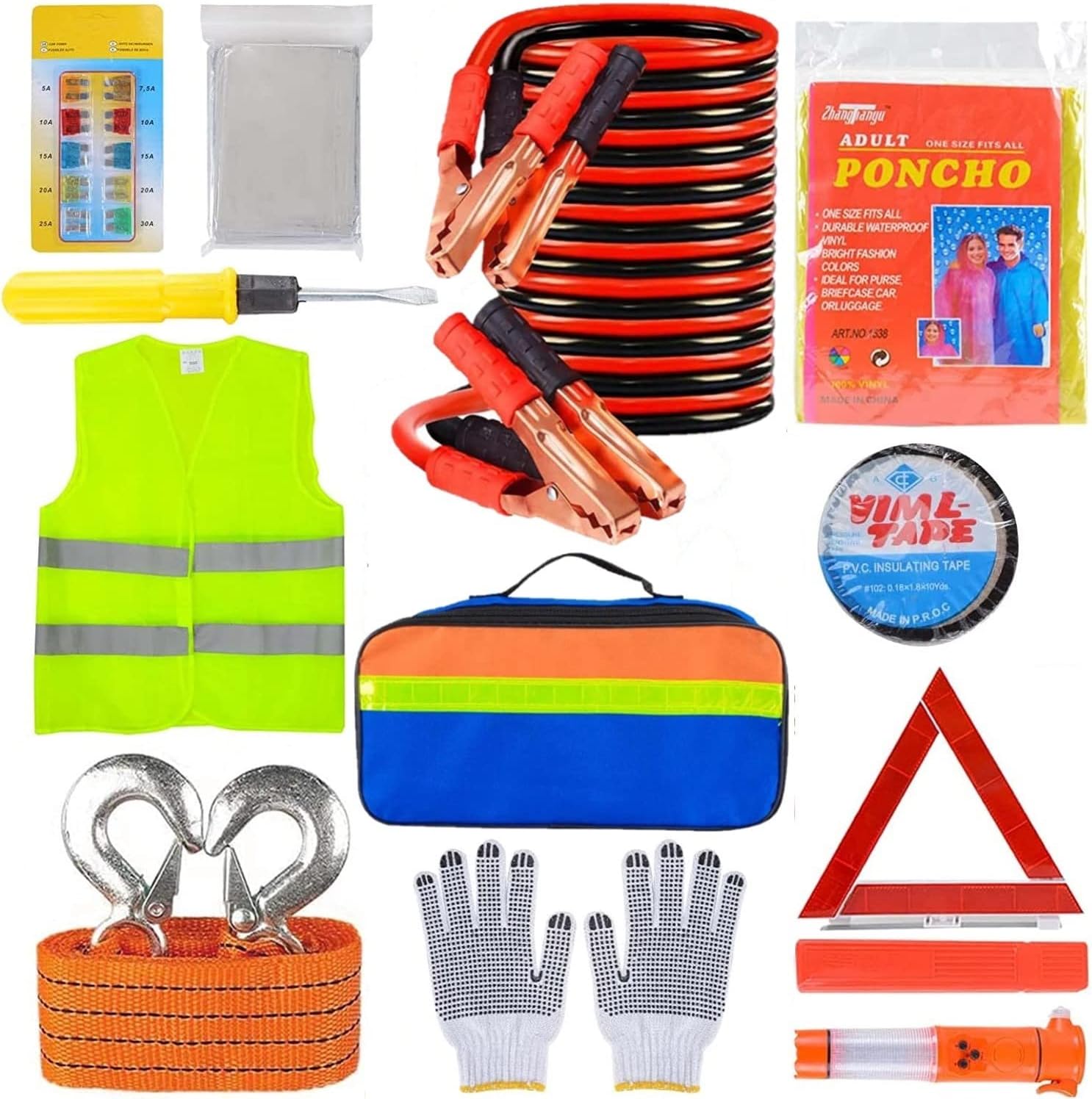 KAHEIGN 12 in 1 Car Emergency Kits, Auto Safety Tools Car Breakdown Kit Included Warning Triangle, Visibility Vest, Tow Rope, Utility Hammer, Jump Lead, Car Fuse, Storage Bag - for EU Road Assistance