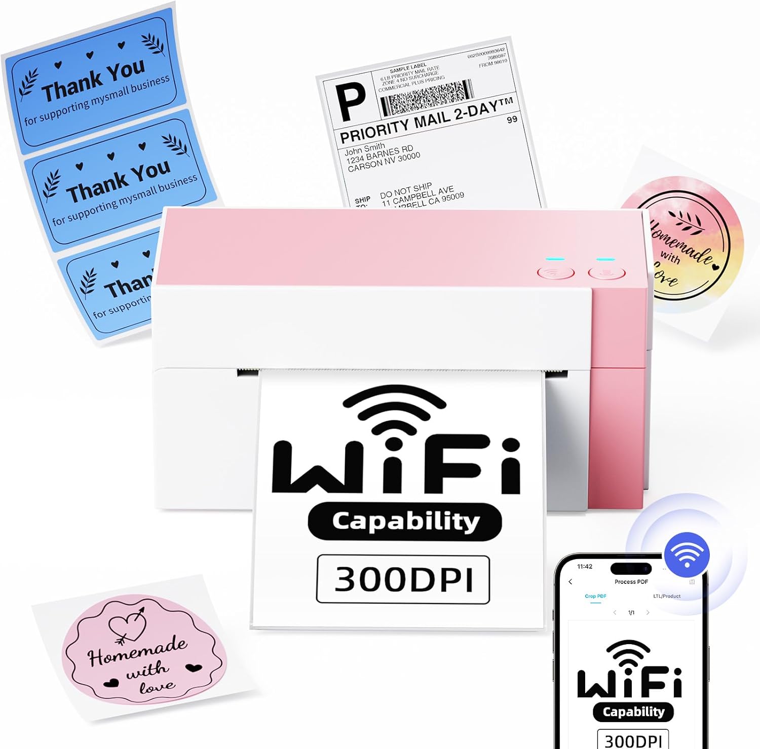WiFi Shipping Label Printer 4x6, 300DPI Wireless Label Printer for Small Business, WiFi Thermal Label Printer for Shipping Packages, Compatible with USPS, Shopify, Amazon