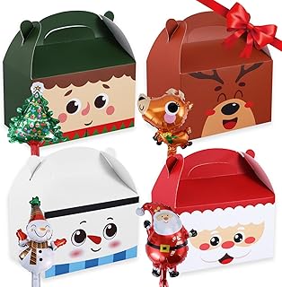 Christmas Treat Boxes - 24 PCS Gifts Box + 8 Balloon for Holiday Xmas Present-Party Favor Supplies-Goody Cardbard Bag Gift Giving-Candy Treat Warpping Box (Santa Elf Snowman Elk Gingerbread)