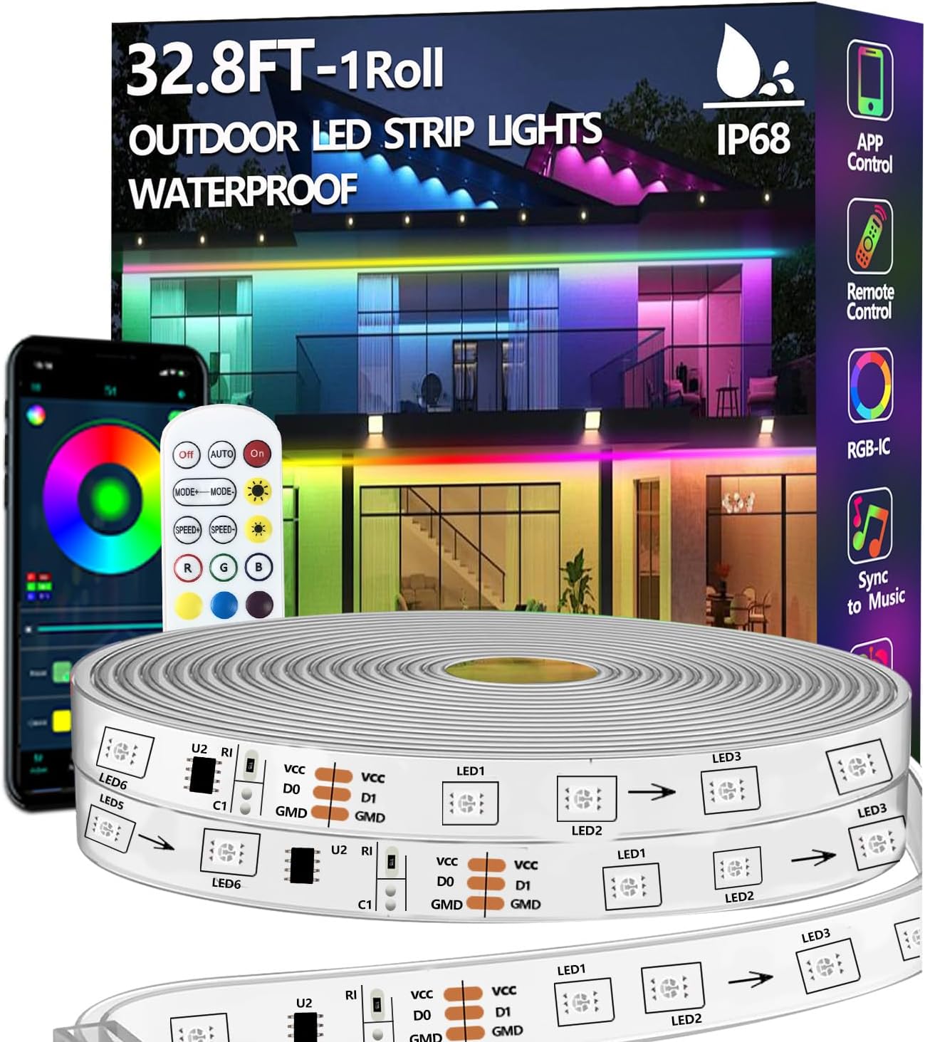 Bvokon 10M Outdoor LED Strip Light IP68 Waterproof,Outside RGB+IC Lights with App/Remote Control,Color Changing,Music Sync Rope Light for Balcony,Deck,Rooftop,Garden,Pool