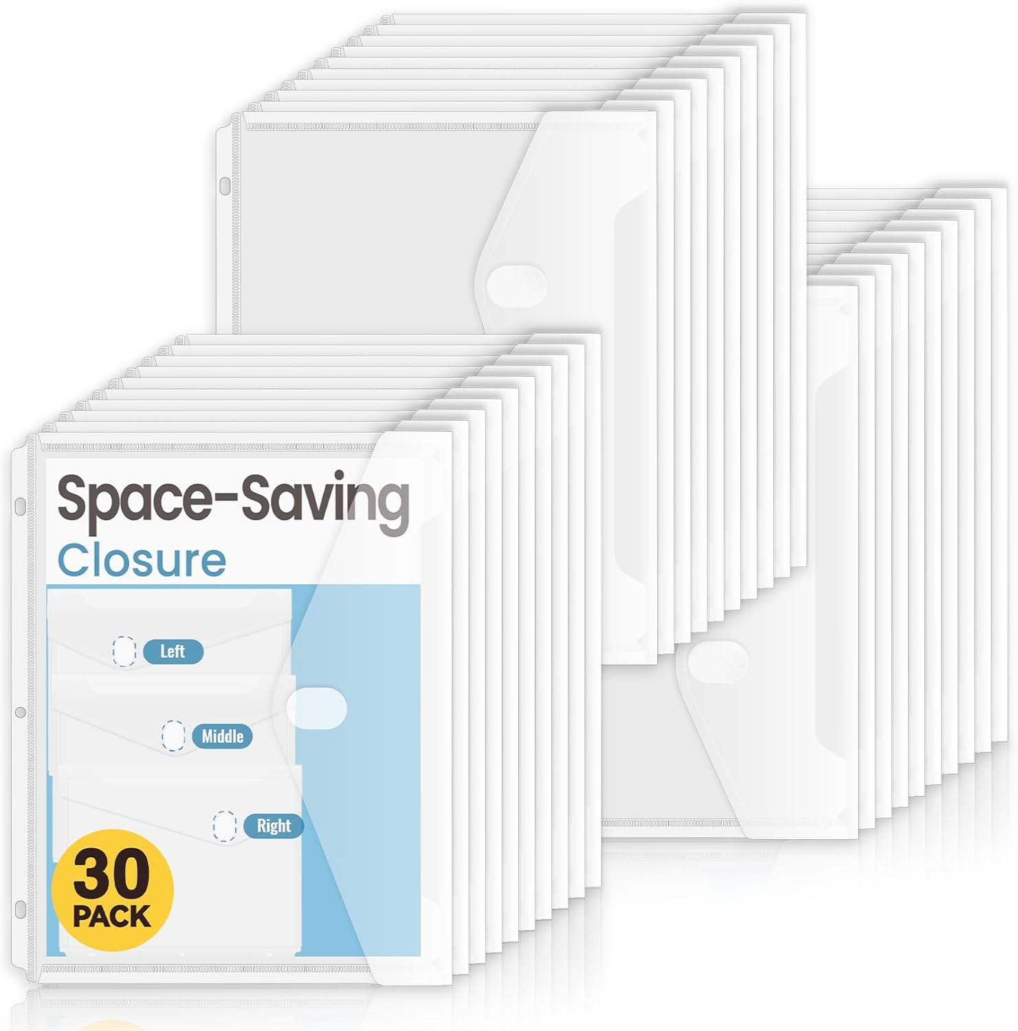 Sooez 30 Pack Binder Folders with Space-Saving Closure, Super Heavyweight Binder Pockets for 3 Ring Binder, High Capacity Clear Binder Pouch, Side Loading, 3 Ring Folders with Pockets, Letter Size