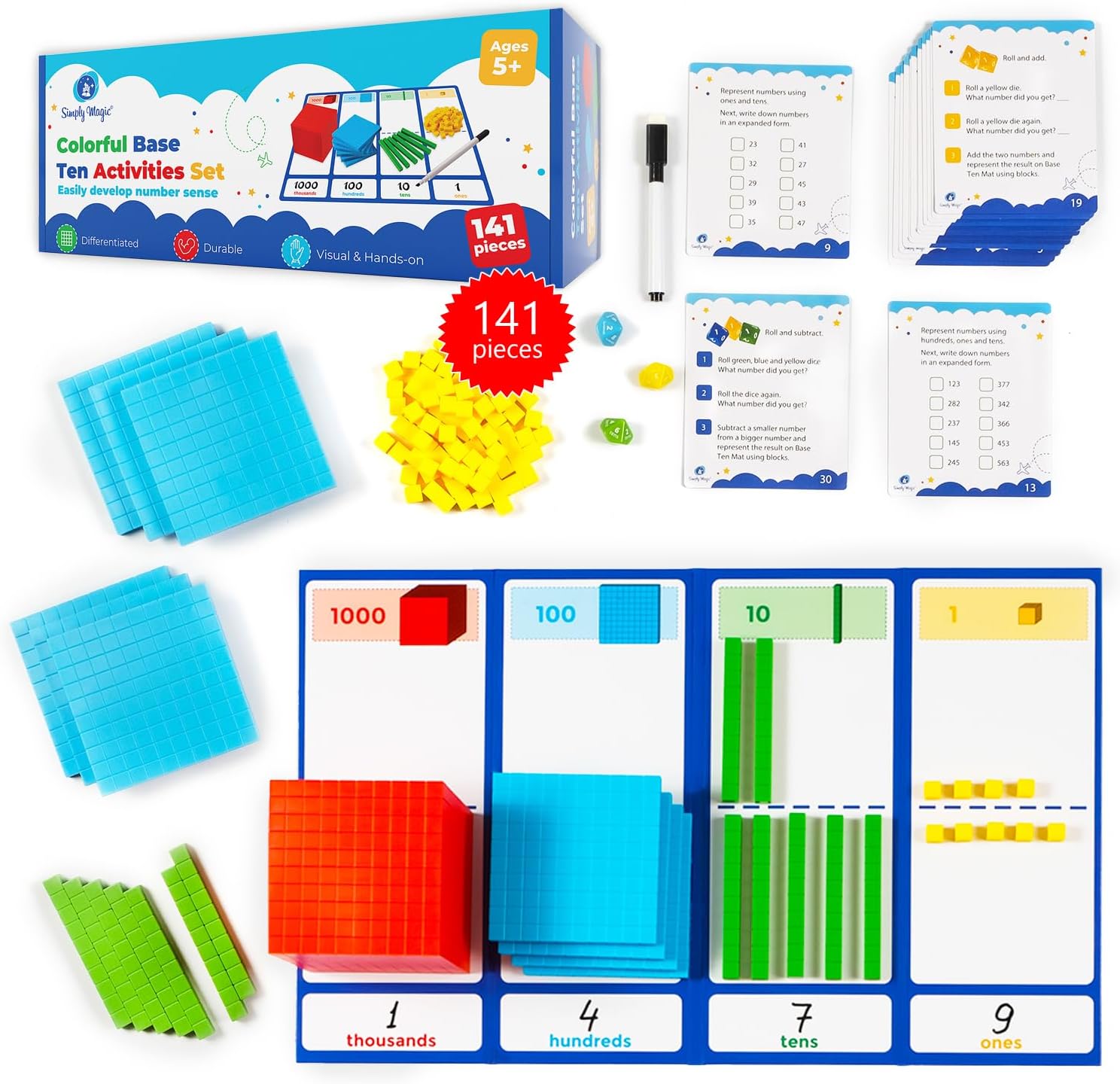 Simply magic 140+1 PCS Colorful Base Ten Blocks & Activities Set - Base Ten Blocks Classroom Set, Base 10 Math Manipulatives, Place Value Blocks Mat, Ones Tens Hundreds Blocks, Math Counters Cubes