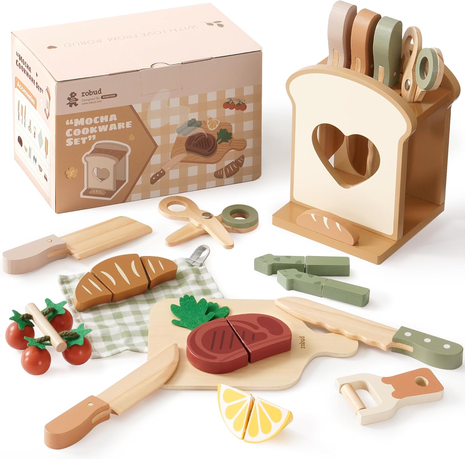 ROBUD Kids Toy Kitchen Knife Set - Wooden Pretend Cooking Cuttable Play Food Sets for Kids Kitchen Accessories with Toast-Shaped Knife Holder, Role Play Toys Gifts for Age 3+