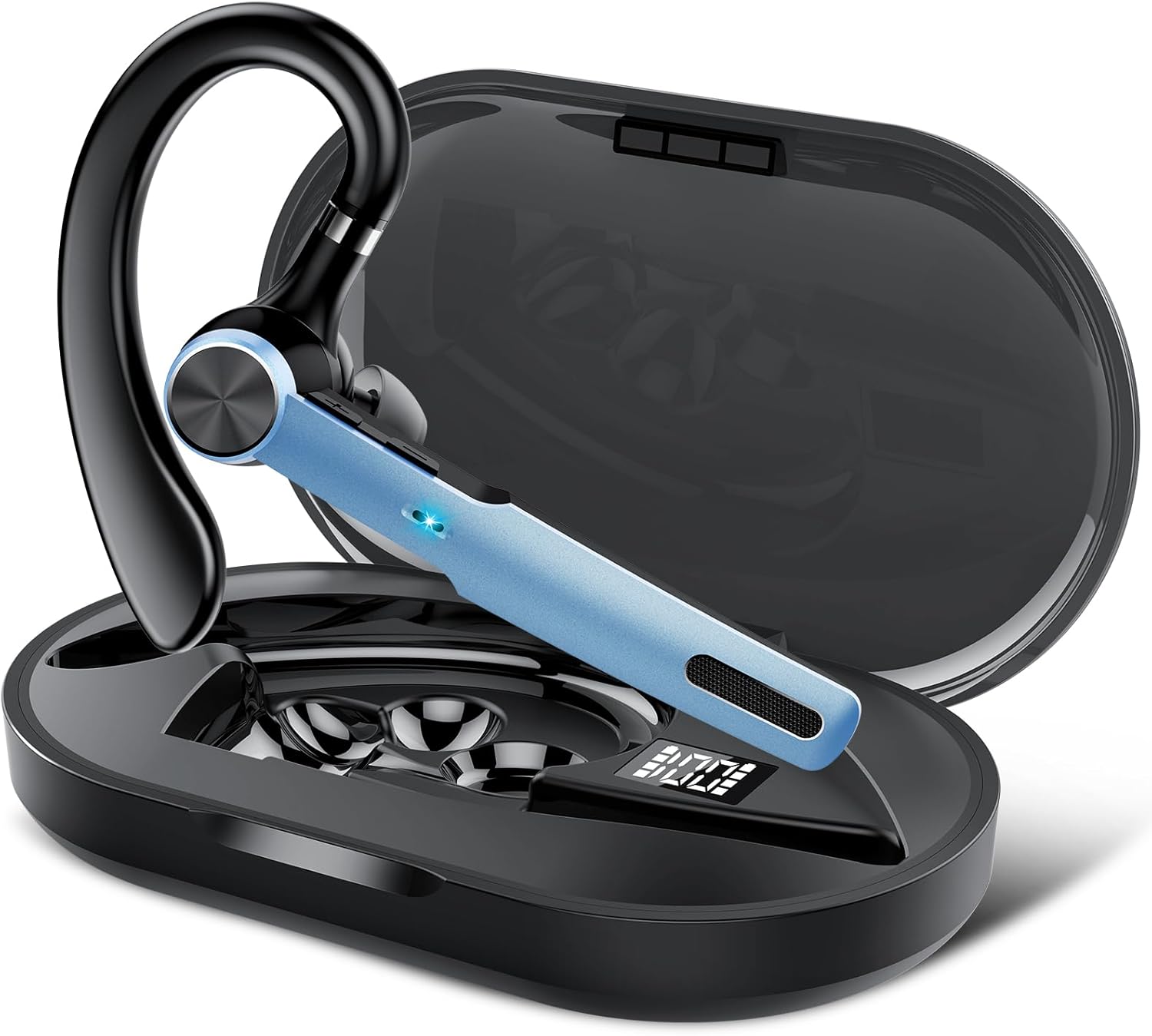 Bluetooth Headset, Wireless Headset with ENC Mic, 60H Talking Time Single-Ear Bluetooth Earpiece V5.3 with 400mAh Charging Case, IP7 Waterproof Hand-Free Headphones for iOS Android Cell Phones Blue