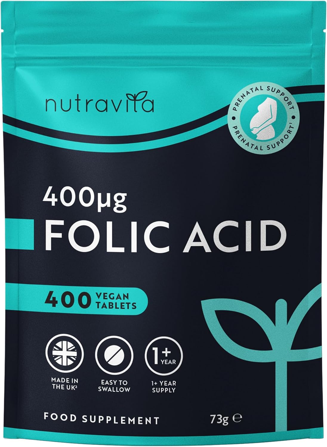 Nutravita Folic Acid Tablets 400 mcg - 400 Vegan Vitamin B9 Tablets - 13 Month Supply - Pregnancy Care - Normal Function of Immune System & Maternal Tissue Growth During Pregnancy