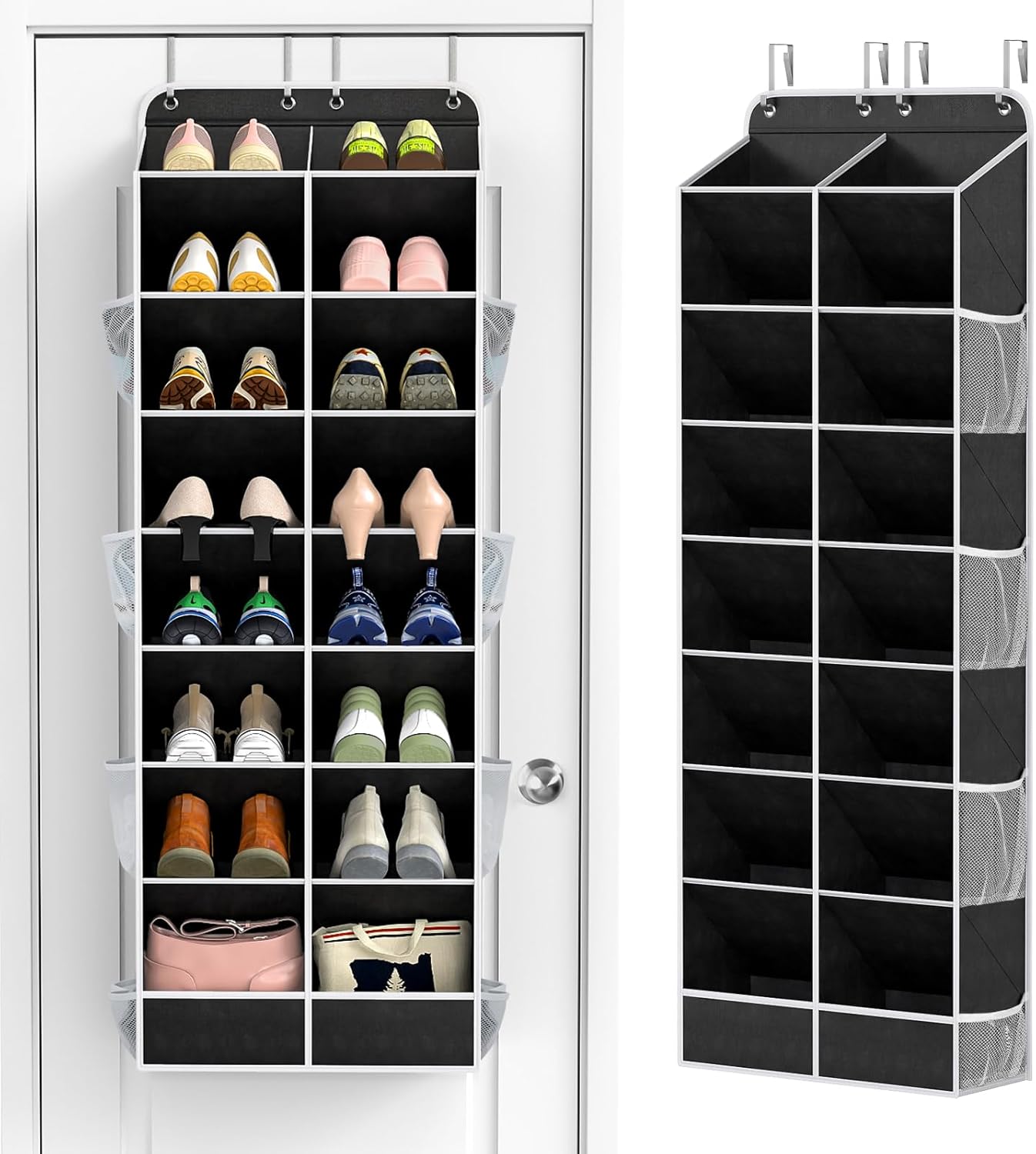 Yecaye 8 Tier Over the Door Shoe Organizer of Deep 16 Compartments, 50lbs Load Shoe Rack for Door in Oxford Holds 16-24 Pairs, Stain-Resistant Hanging Shoe Organizer for Closet, Black