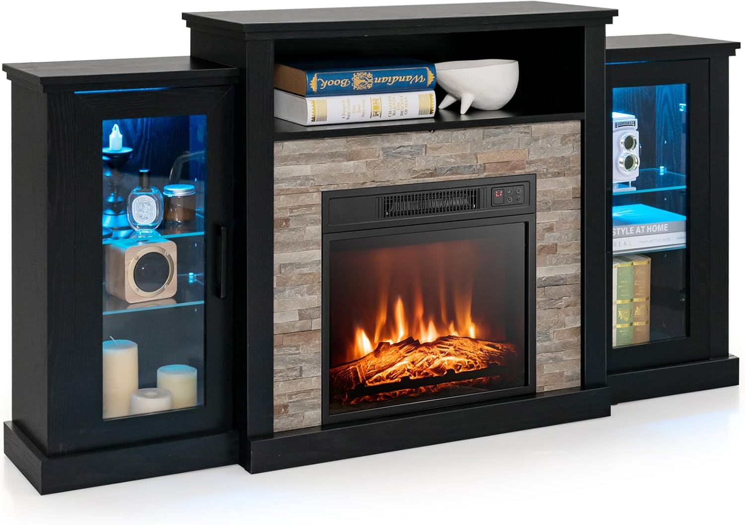 Tangkula Electric Fireplace TV Stand, Electric Fireplace Mantel with 16-Color Led Lights, Adjustable Glass Shelves, Remote & Smart APP Control, TV Console for Living Room (Black)