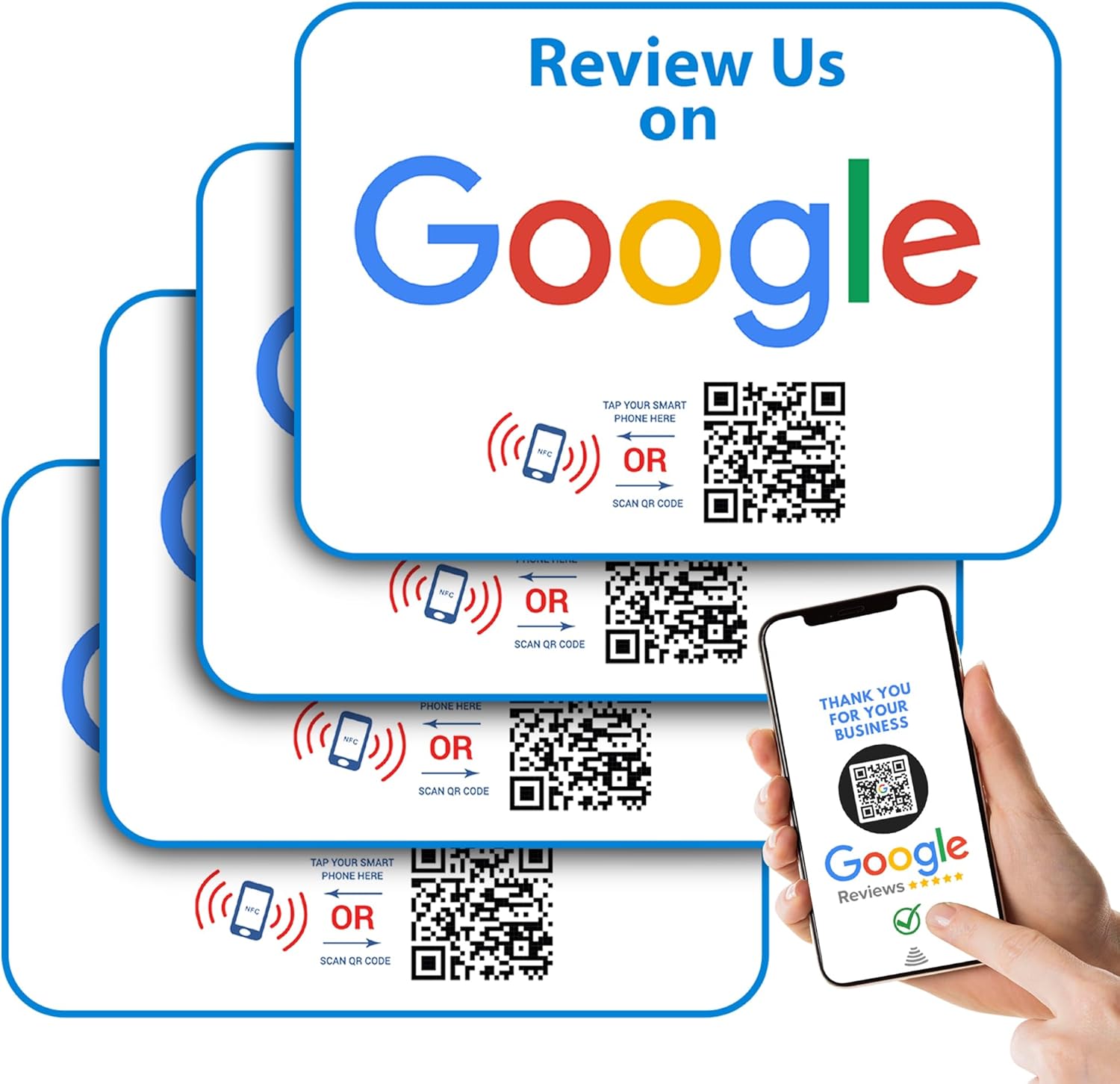 Google Review Tap Cards - Four (4) Pack - QR Code and NFC Cards for Instant Google Reviews - Tap & Scan Cards for Small Business Marketing - Boost Your Business Reviews - Two Sided