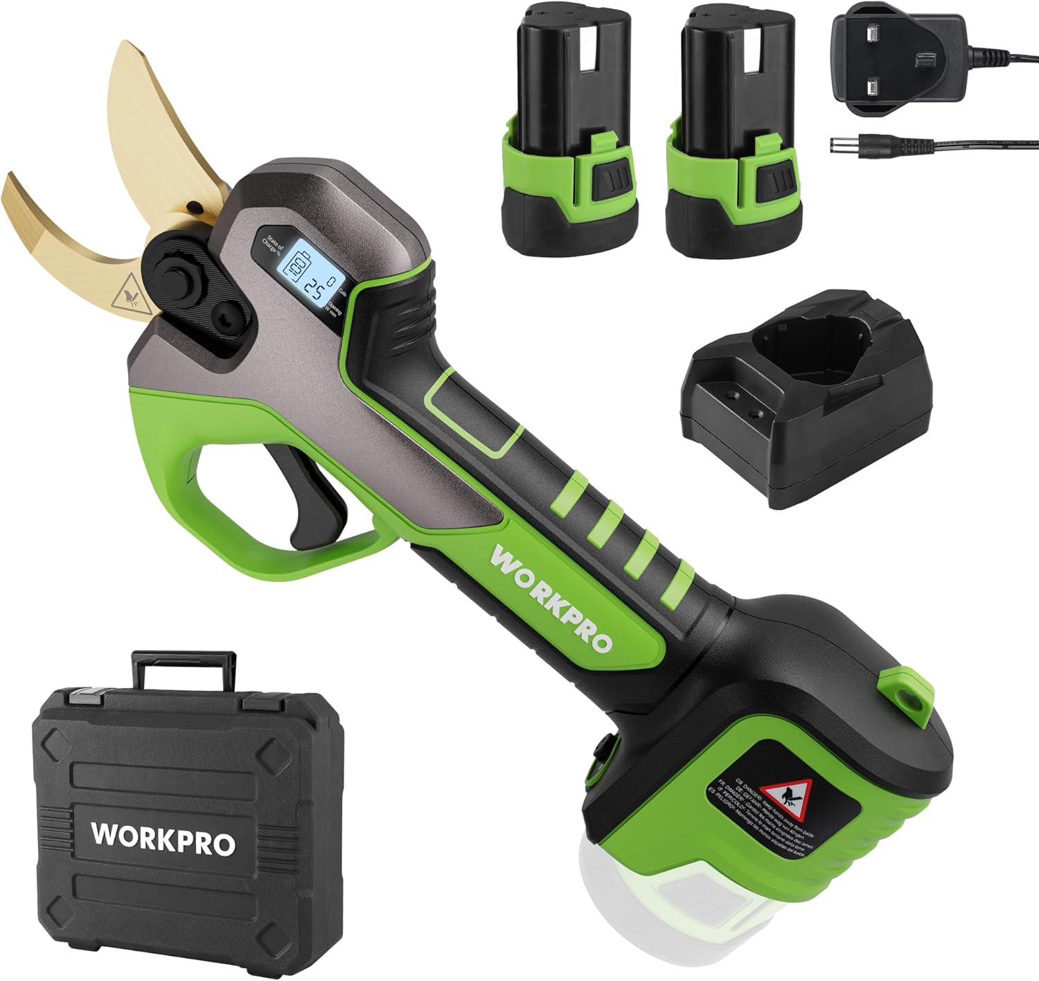 WORKPRO 12V Cordless Electric Pruning Shears | Heavy Duty 2PCS 2.0Ah Li-ion Battery Secateurs with SK5 Blades|Switchable 2 Cutting Ranges, Max Cutting 25mm Shears | with LCD Screen, Can Count