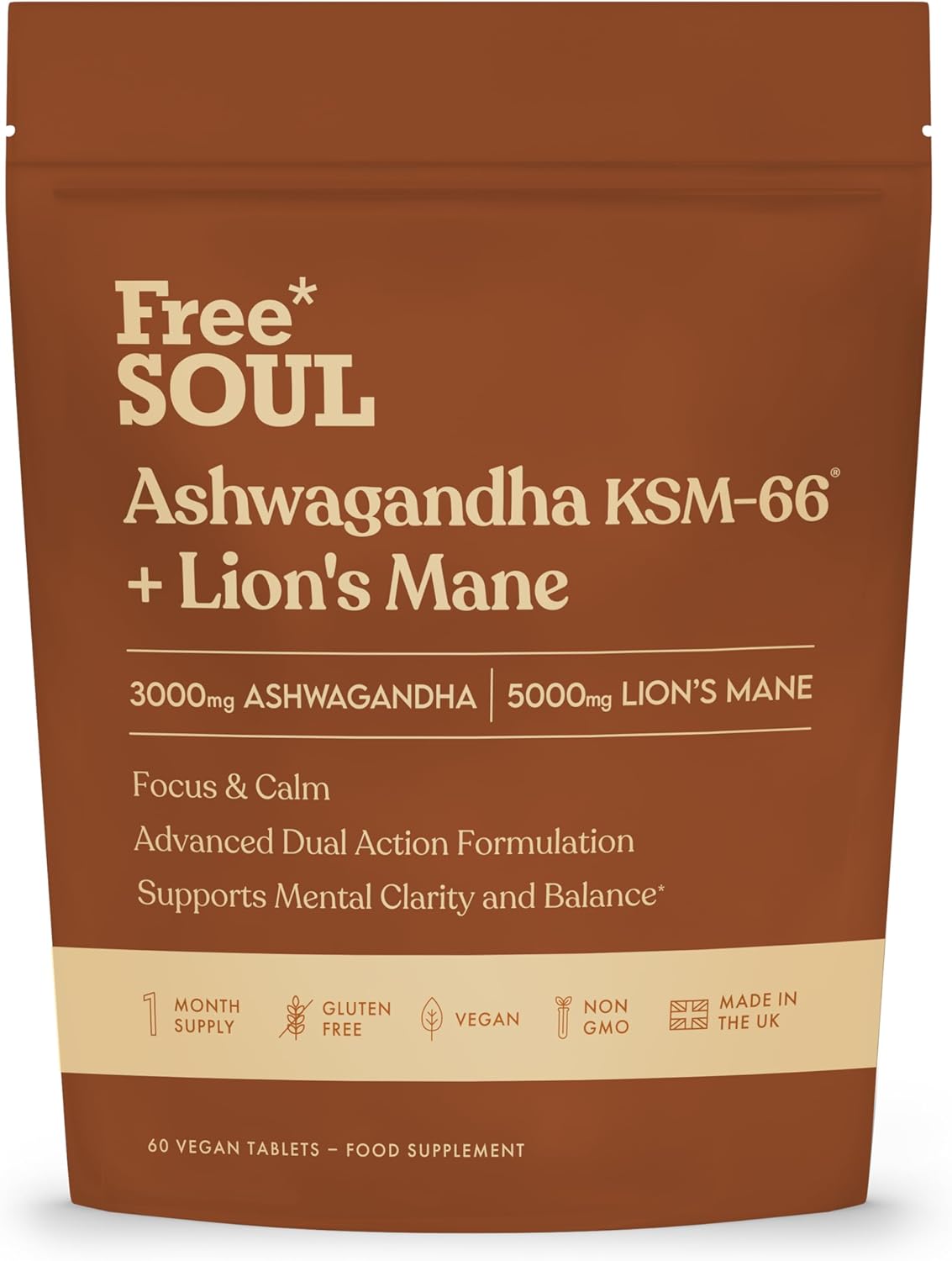 Ashwagandha KSM-66® + Lions Mane Complex | 5000mg Lions Mane + 2500mg Ashwagandha High Strength Tablets| Added Zinc + Vitamin B6 | Vegan UK Made| Free Soul