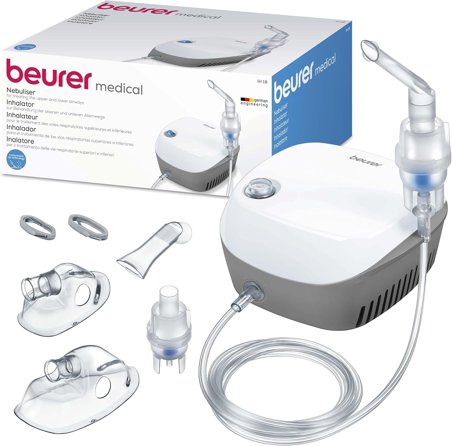 Beurer IH18 Home-Use Nebuliser | Electric Inhaler for nebulising Liquid Medication for colds, Asthma and Respiratory Diseases | Compressed air Technology | for Adults and Children | Medical Device