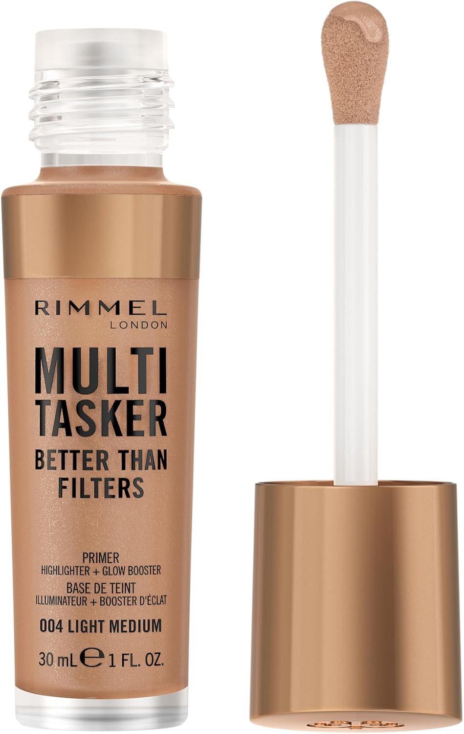 Rimmel Multi Tasker Better Than Filters, 004 Light Medium, 3 in 1 Face Primer, Glow Booster and Highlighter, Flawless Finish, Infused with Vitamin C and E, Maxi Soft Applicator, Vegan, 30ml