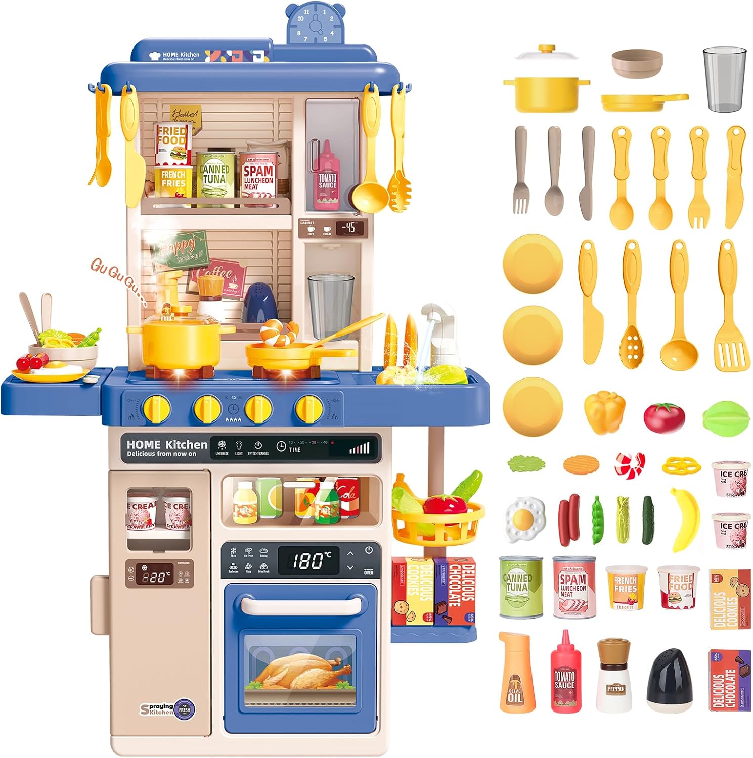 deAO Kitchen Playset Toy with Realistic Lights Age 3+ & Sounds, Kids Play Kitchen Set with Simulation of Spray Features, Pretend Role Play Toys with Lots of Kitchen Accessories for Toddlers (Blue)