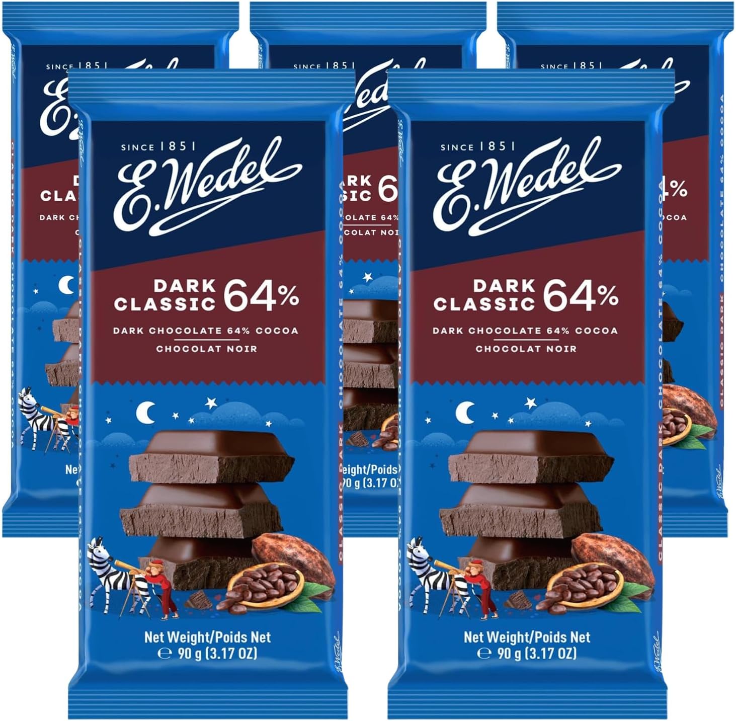 E.Wedel Chocolate Bars Dark Classic 64%, Pack of 5 x 90g, Cocoa from Ghana, Made in Poland, Mulitpack Chocolate Bars