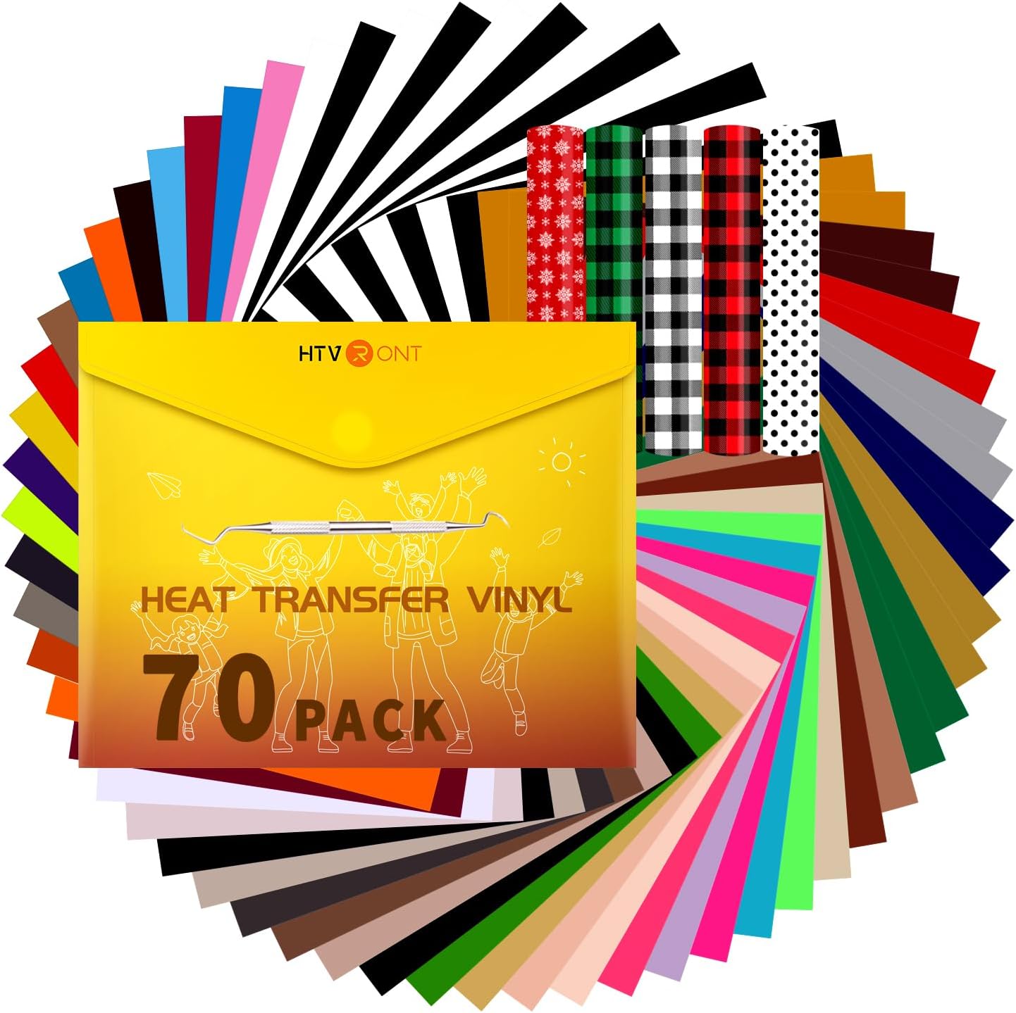 HTVRONT HTV Vinyl Heat Transfer Vinyl Bundle-70 Pack Iron on Vinyl for t Shirts 51 Assorted Colors HTV Sheets with Weeding Hooks and Teflon Sheet