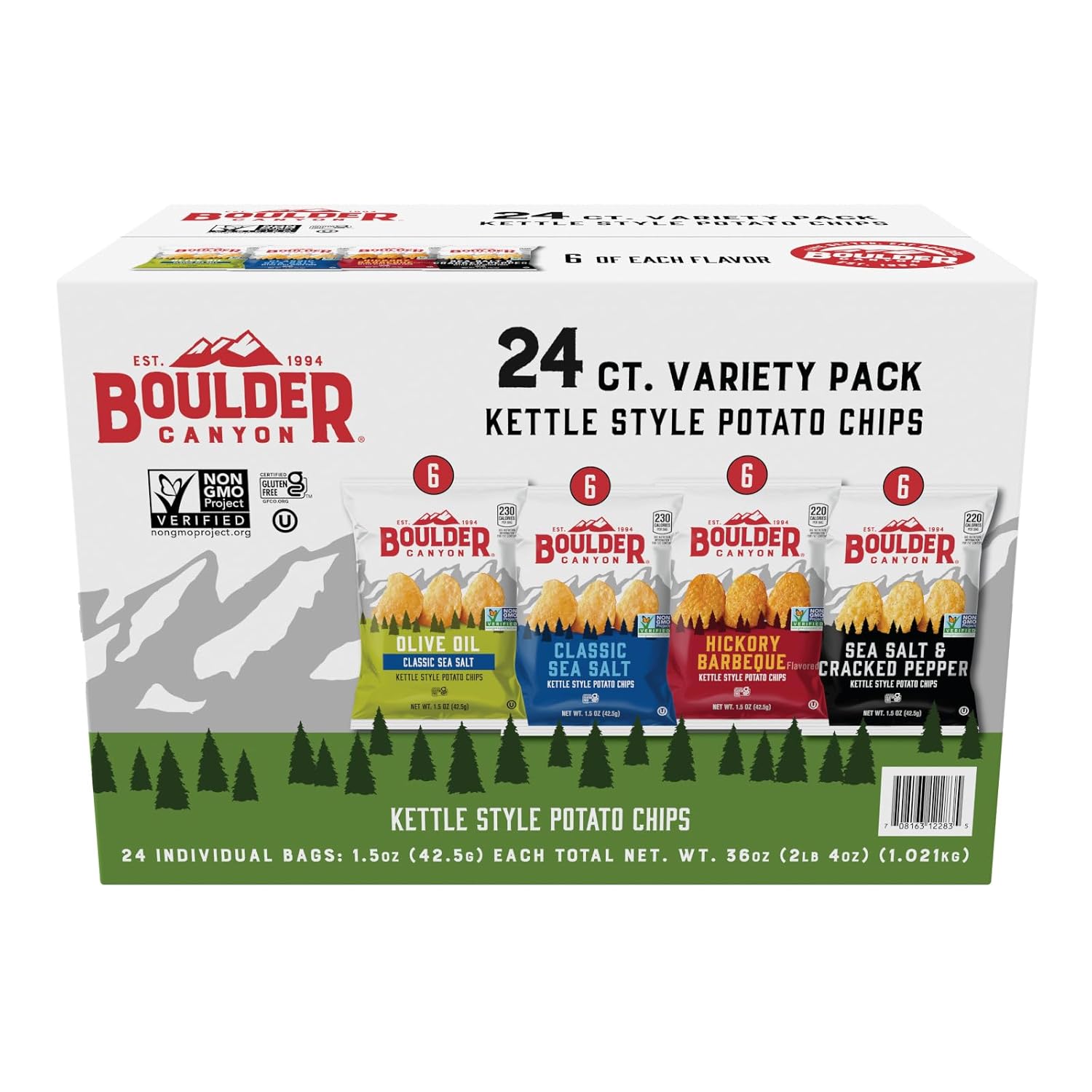 Boulder Canyon Kettle Style Potato Chips Variety Pack, 24 Count, Assorted 1.5oz. Bags, Olive Oil Classic Sea salt, Hickory BBQ, Sea Salt & Cracked Pepper, Classic Sea salt