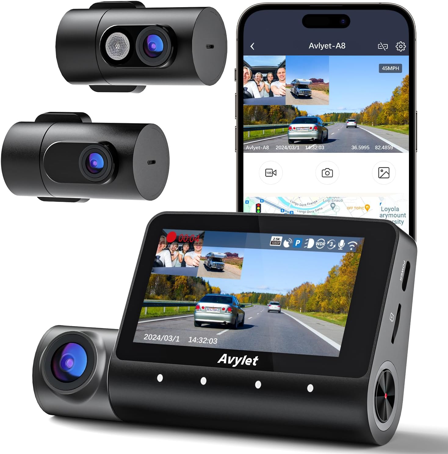 Avylet 5K/4K+1080P+1080P 3 Channel Dash Cam, Front and Rear Inside Triple Car Dash Cam, with 3'' IPS Screen, WiFi, Built-in GPS, IR Night Vision, Voice Control, 24H Parking Monitor, Support 512GB Max