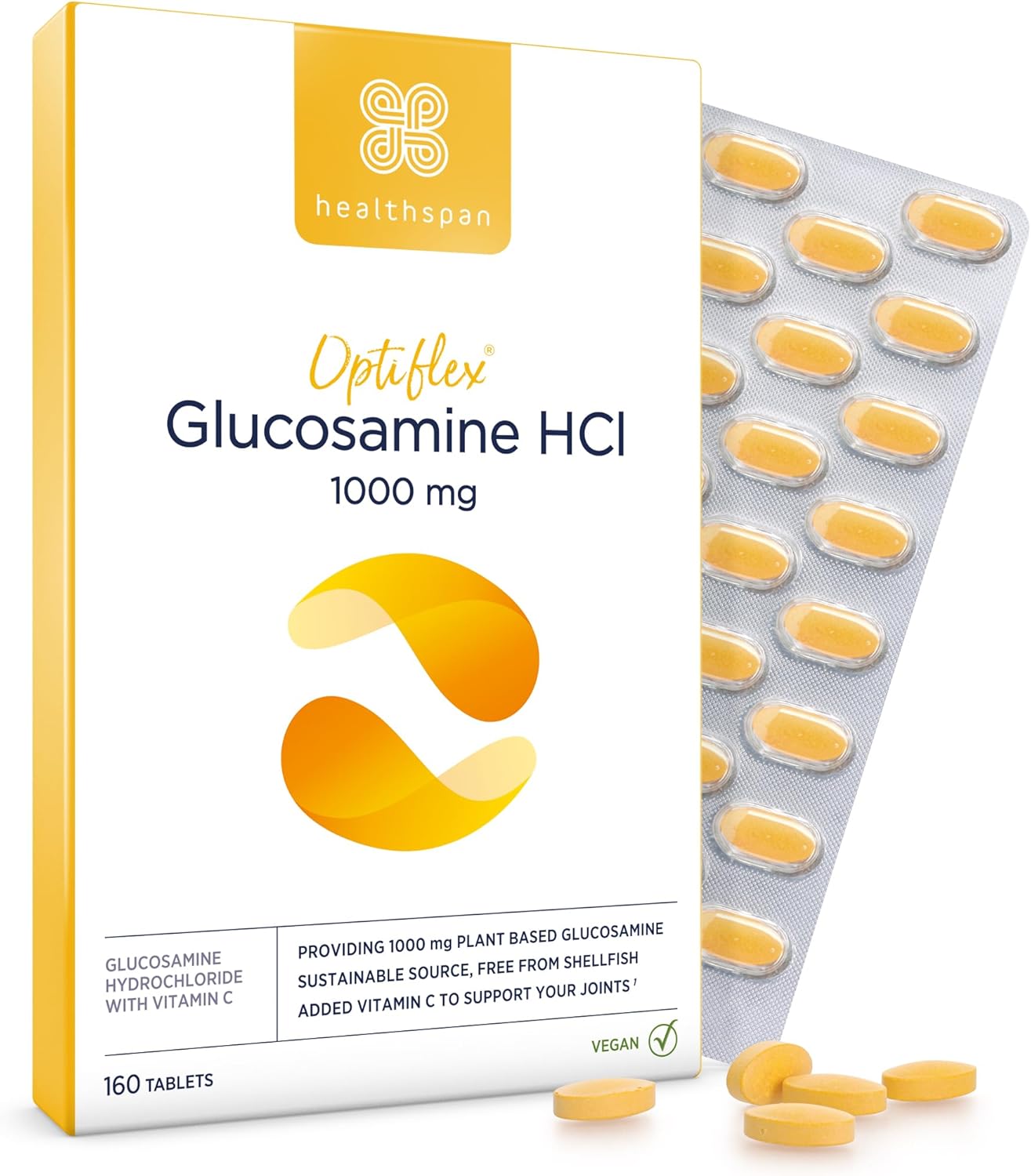 Healthspan Optiflex Glucosamine 1,000mg with Vitamin C | Joint Health | 40% More Glucosamine Per Gram | Sustainably Sourced | Vegan (160 Tablets)