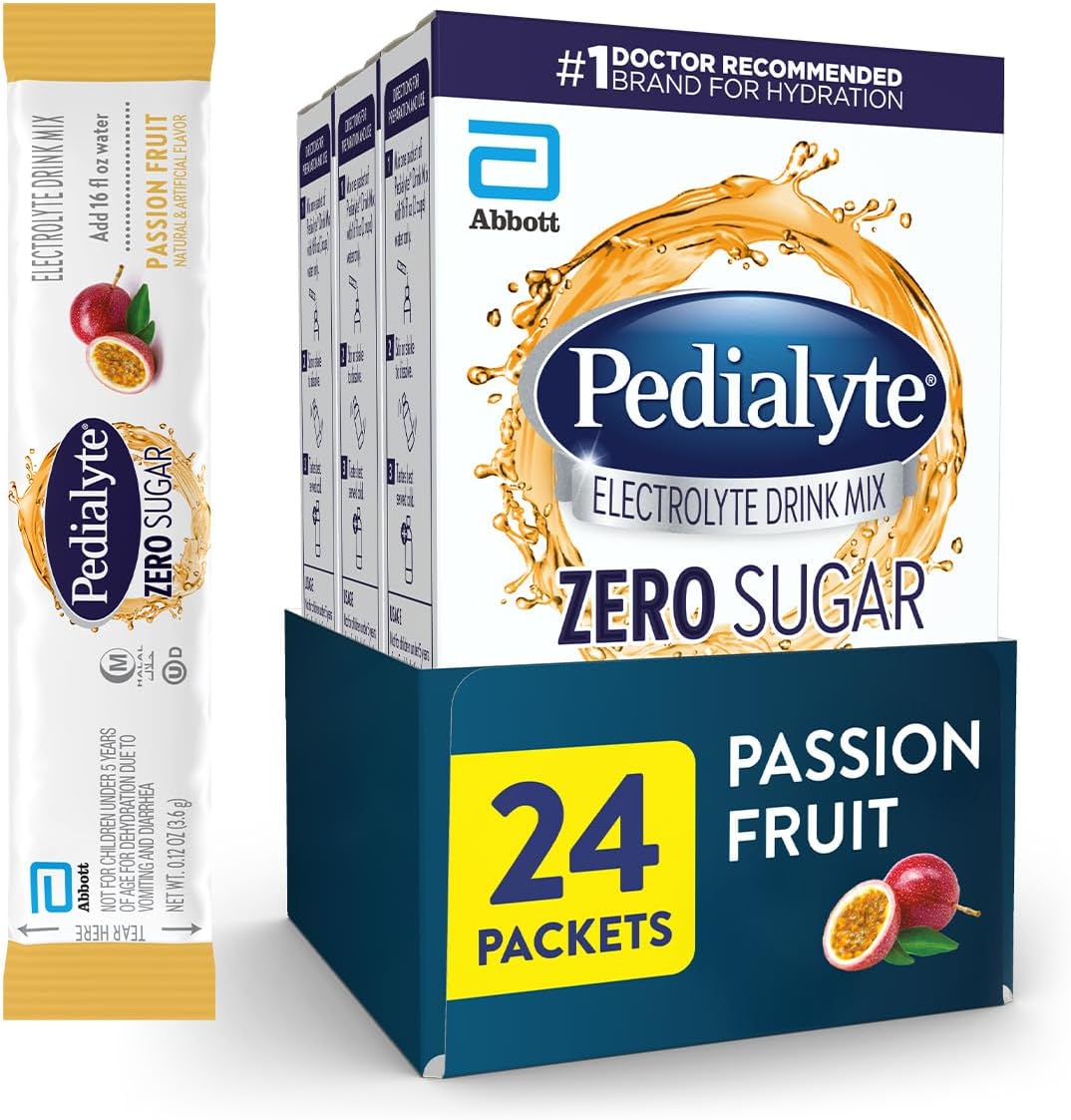 Pedialyte Electrolyte Drink Mix with Zero Sugar | Hydration with Key Electrolytes | Great Hydration Low in Calories | Passion Fruit, 24 Powder Packets