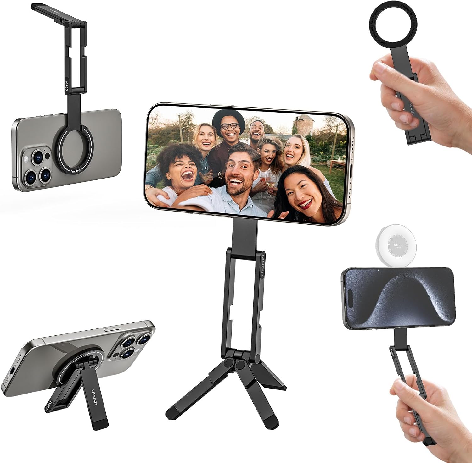 ULANZI MA60 Magnetic Phone Tripod Stand for iPhone 17 16 15 14 13 - Ultra | Thin 0.8cm Foldable Aluminum Mini Tripod, Strong N52 Magnet Quick Mount, Pocket Cell Phone Stand, Black
