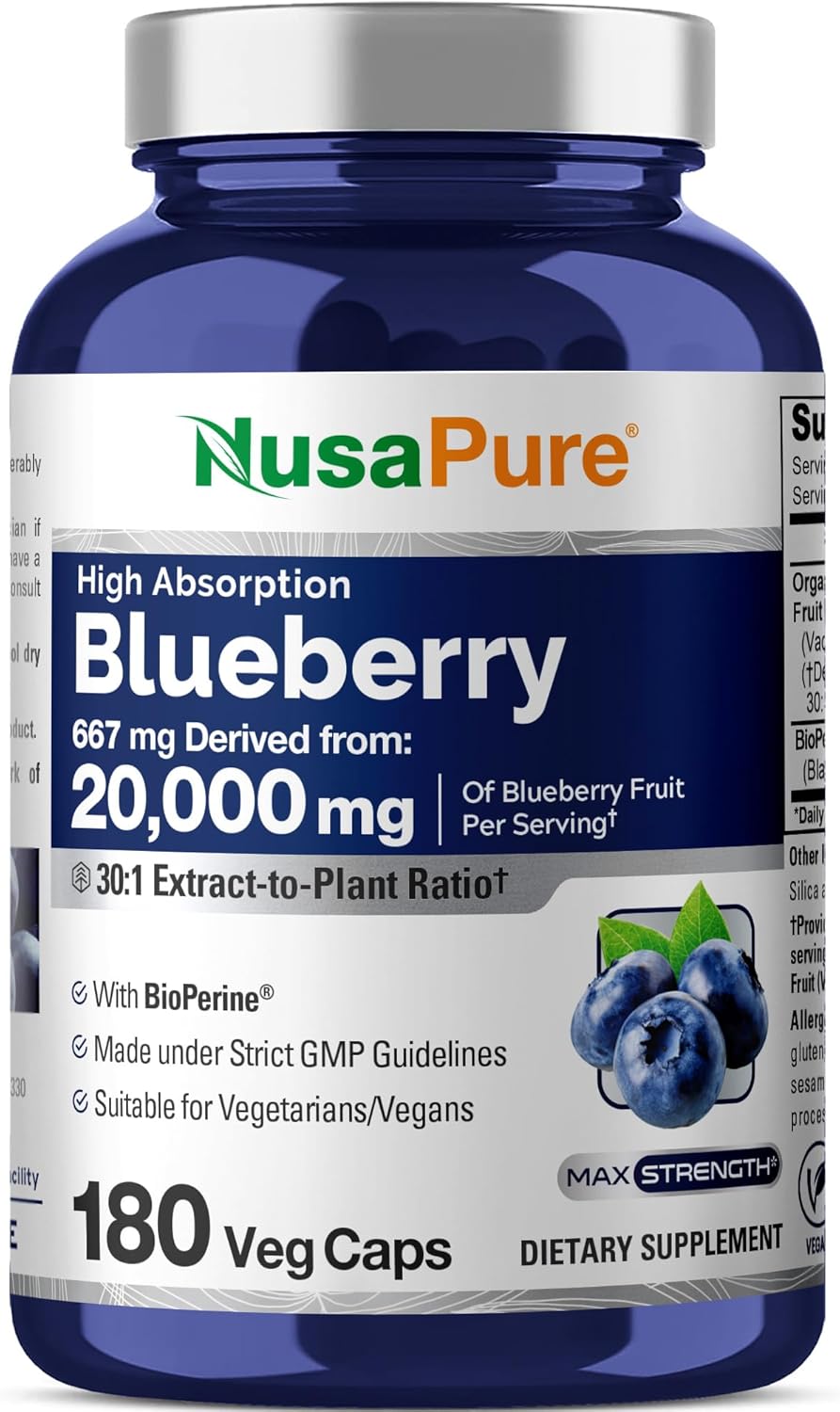 NusaPure Blueberry Concentrate 30:1 Extract, 667 mg Equivalent to 20,000 mg 180 Veg Caps Suitable for Vegetarian, Vegan, Non-GMO