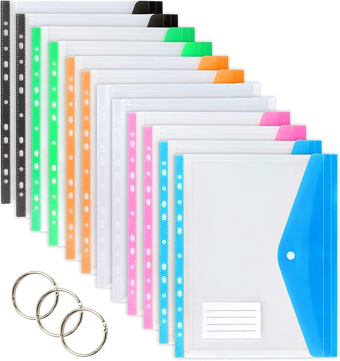 TOOELMON Punched Pockets A4 Plastic Wallets 12 Pack A4 Folders Wallets Plastic Document Files Popper Wallets with Pocket