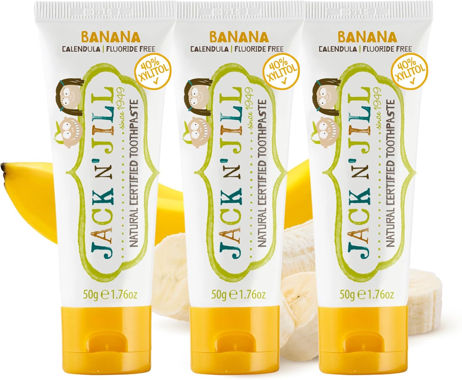 Jack N' Jill Natural Certified Toothpaste - Baby & Toddler Toothpaste, Fluoride-Free, 40% Xylitol, Sugar-Free, Safe for 6 Months and Up, Makes Tooth Brushing Fun, Organic Banana Flavour, 3 x 50g
