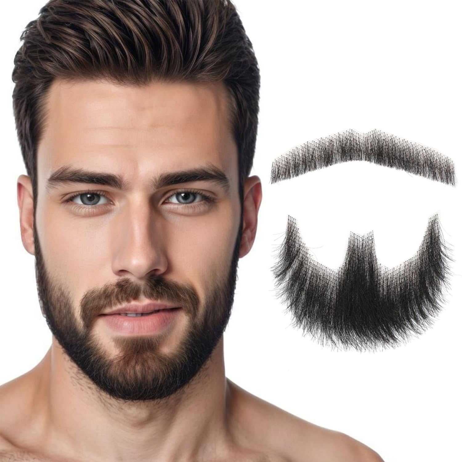 Fake Mustache Realistic Beard Human Hair Full Hand Tied Goatee Facial Hair Adults Men Lace Invisible False Beards for Halloween Movie Makeup Funny Cosplay (Black)