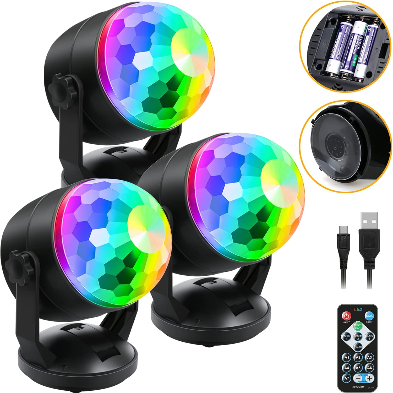 Luditek 3-Pack Disco Ball Party Lights, Sound Activated Battery Operated/USB Strobe Light w/Remote for Parties Karaoke Dancing Christmas Halloween Party Decorations Supplies for Home Room Indoor