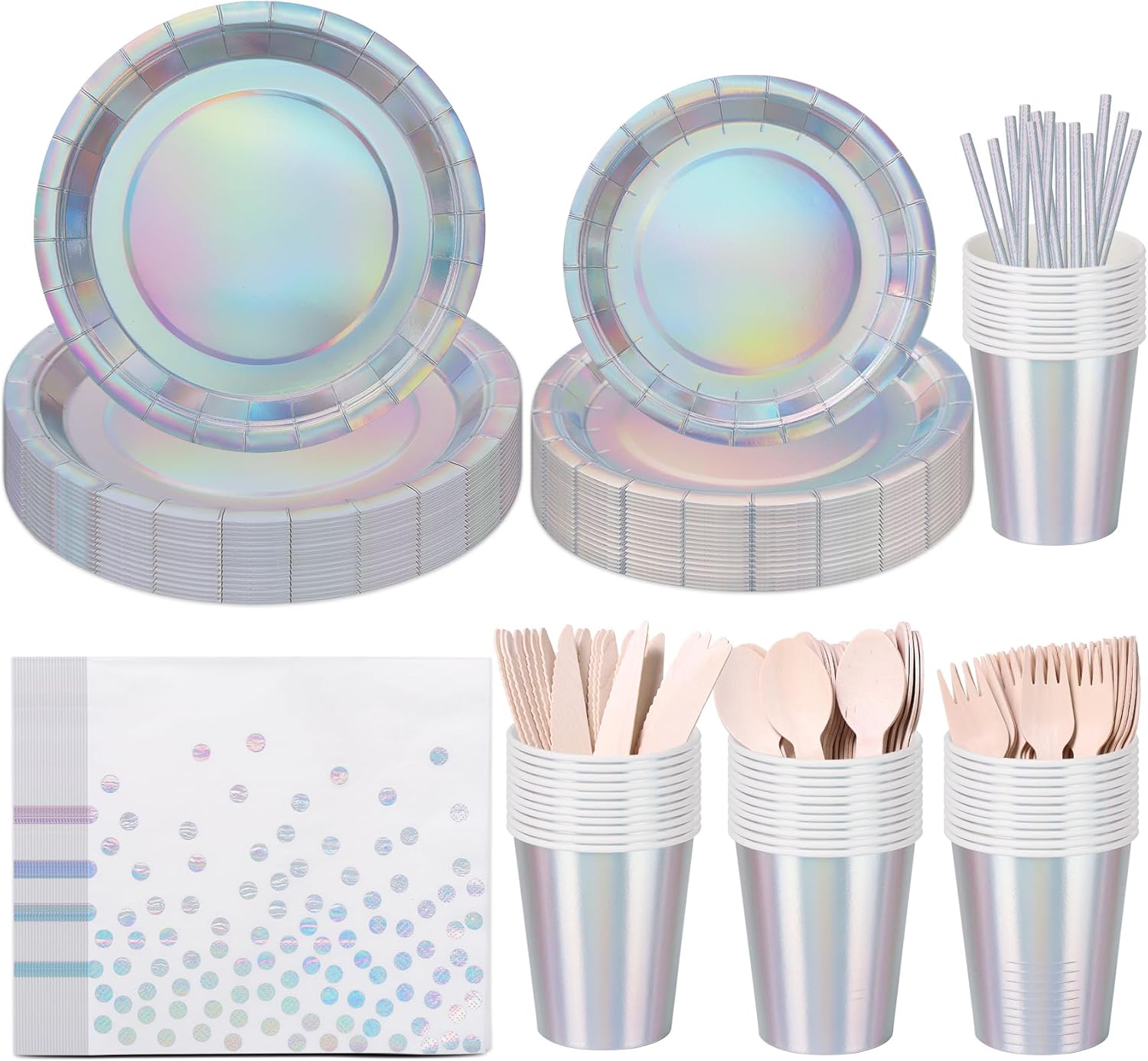 Iridescent Party Supplies Set Serve for 25 Guests, CEILIWEN 200PCS Holographic Paper Plates and Napkins Cup Set, Silver Party Tableware Set for Birthday Wedding Anniversary