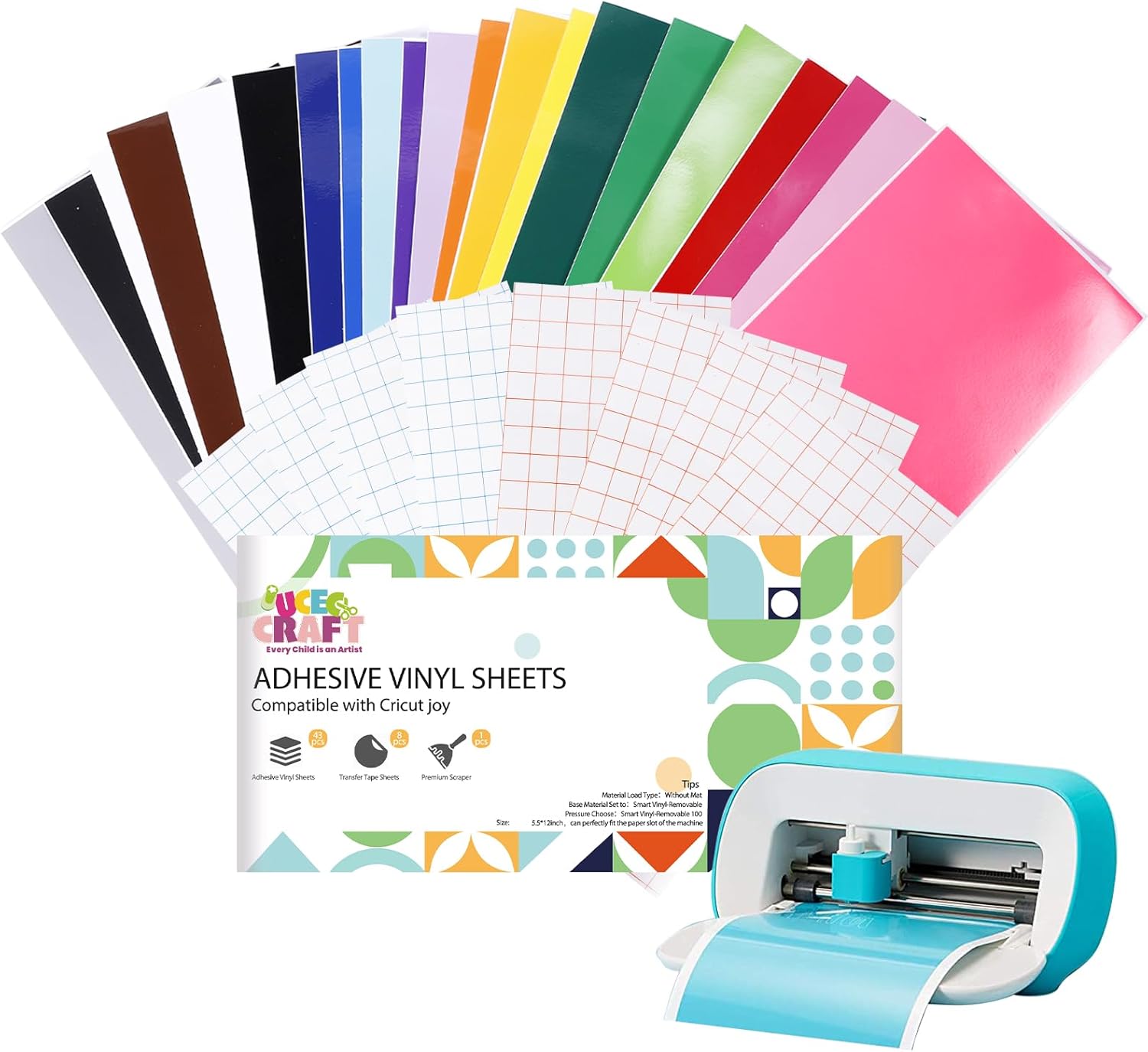 UCEC Smart Vinyl Removable Compatible with Cricut Joy, 52 Pack(5.5x12in) 22 Colors Self Adhesive Vinyl Sheets for Cutting Machine-Matless, Permanent Outdoor Vinyls for Craft DIY, Party Decoration