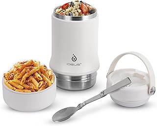 Ideus 20 oz Insulated Food Jar, Stainless Steel Vacuum Thermal Soup Container Thermoses with Folding Spoon, Leakproof Food Container for Office Picnic Travel Camping Hiking, White