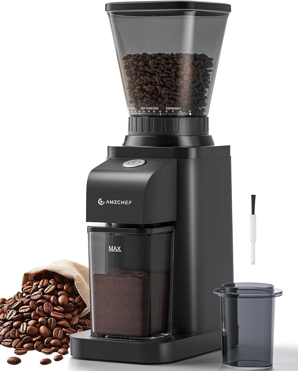 AMZCHEF Electric-Coffee-Grinder-Burr, Conical Burr Coffee Grinder with 48 Precise Grind Settings, 250g Capacity Coffee Bean Grinder for Drip, Espresso, French Press, Anti-Static, One-Button Switch