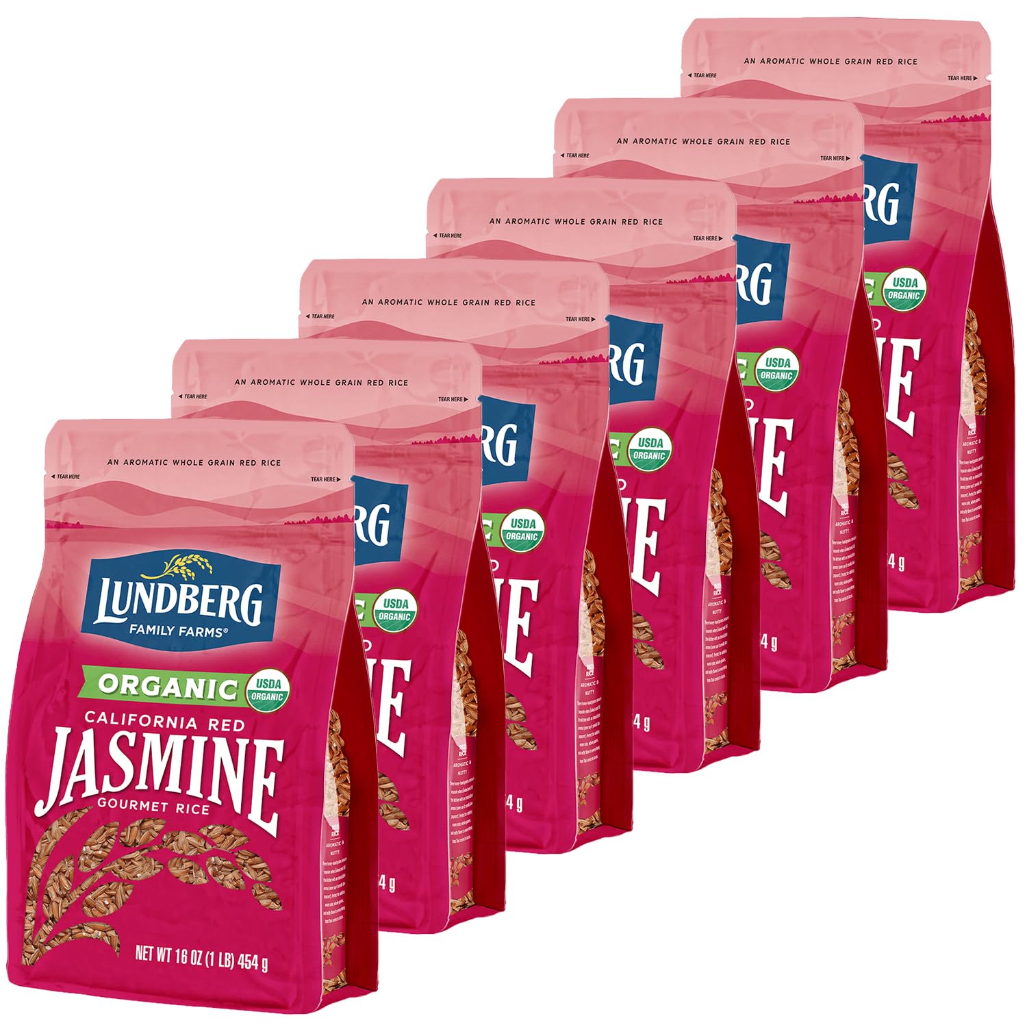 Lundberg Organic Red Jasmine Rice, Long Grain Red Rice - Non-Sticky, Fluffy Aromatic Rice, Organically Grown in California, Pantry Staples, 16 Oz (Pack of 6)
