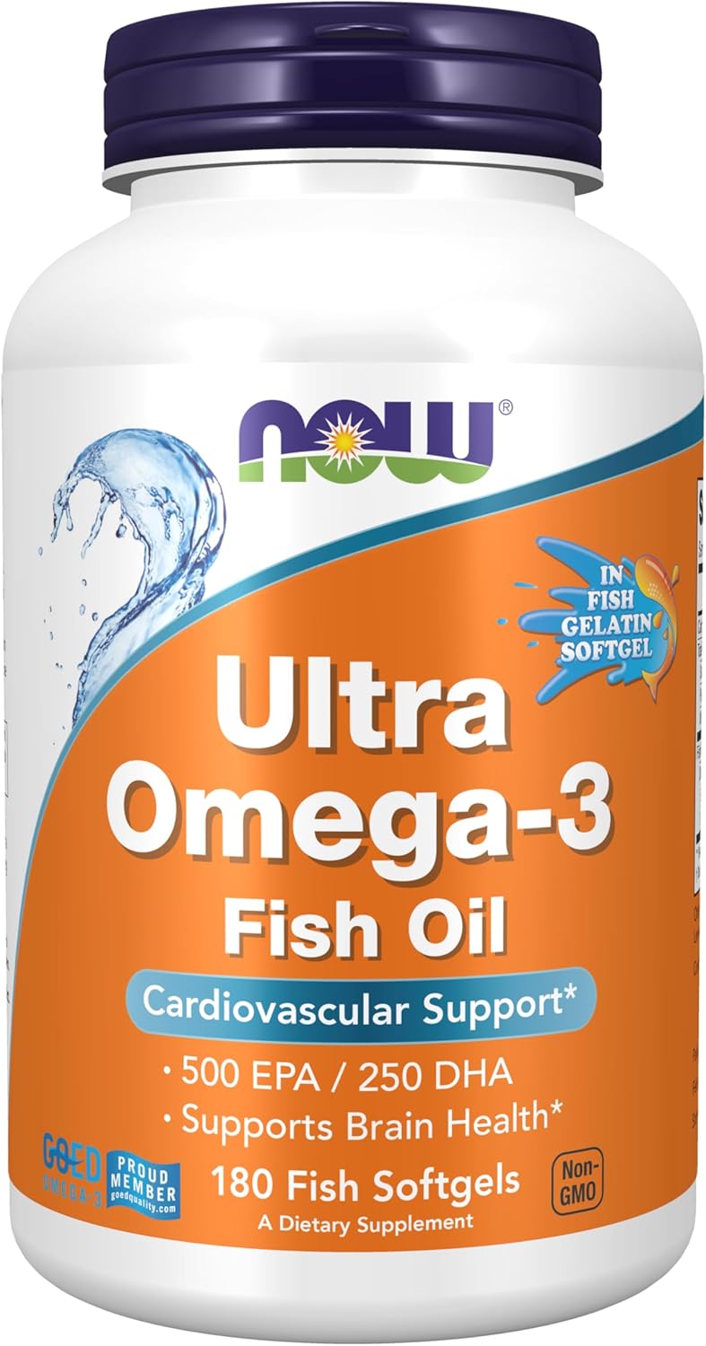 NOW Foods Supplements, Ultra Omega-3, 500 EPA and 250 DHA, Cardiovascular Support*, 180-Fish Gelatin Softgels