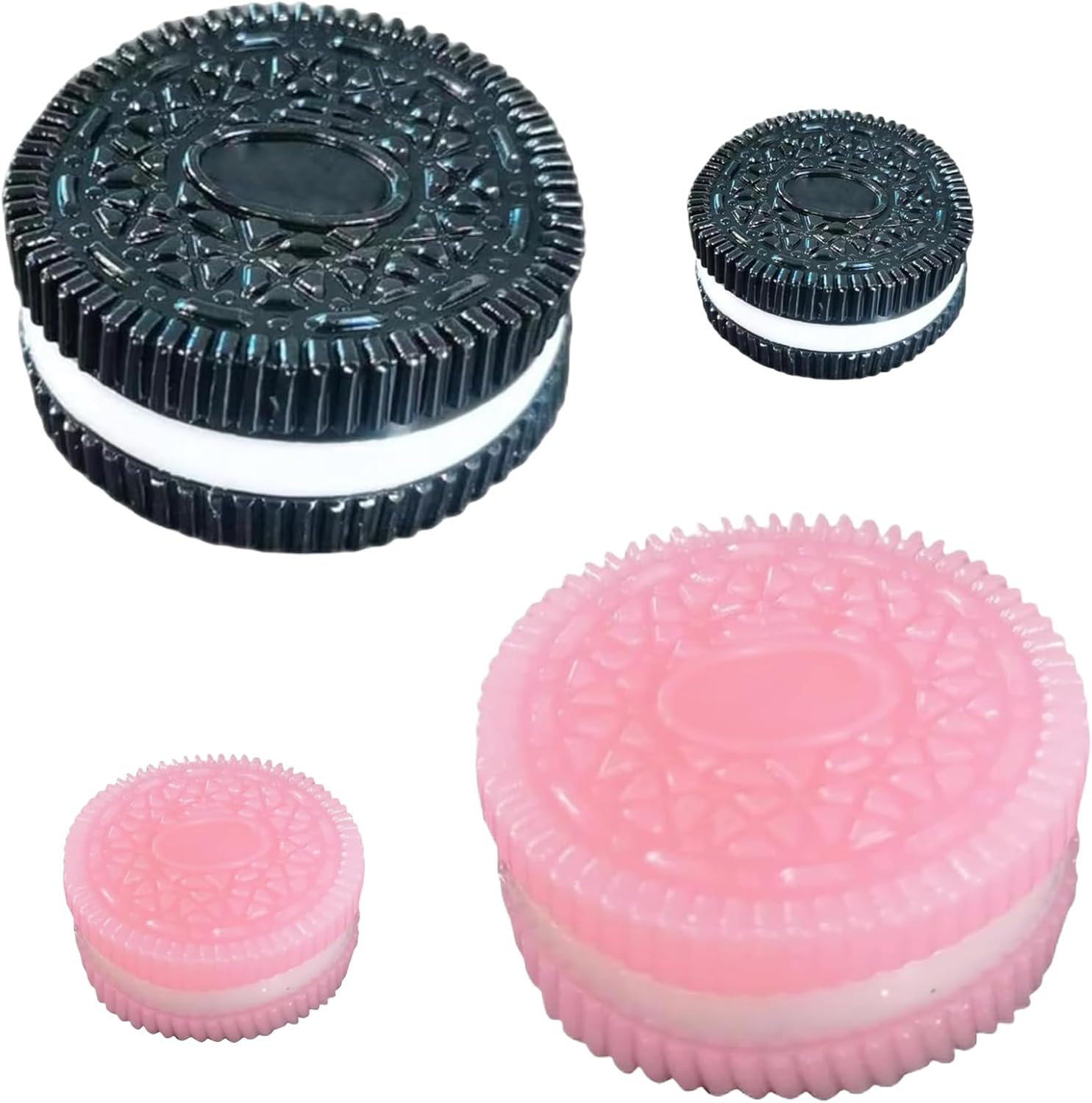 MUNSKT 4-Pack Oreo-Inspired Squishy Set – 2 Large + 2 Mini Keychain Charms (Pink & Black), Squeezeable to Relief Stress Anxiety, Party Favors & Desk Relaxation, for Kids & Adults