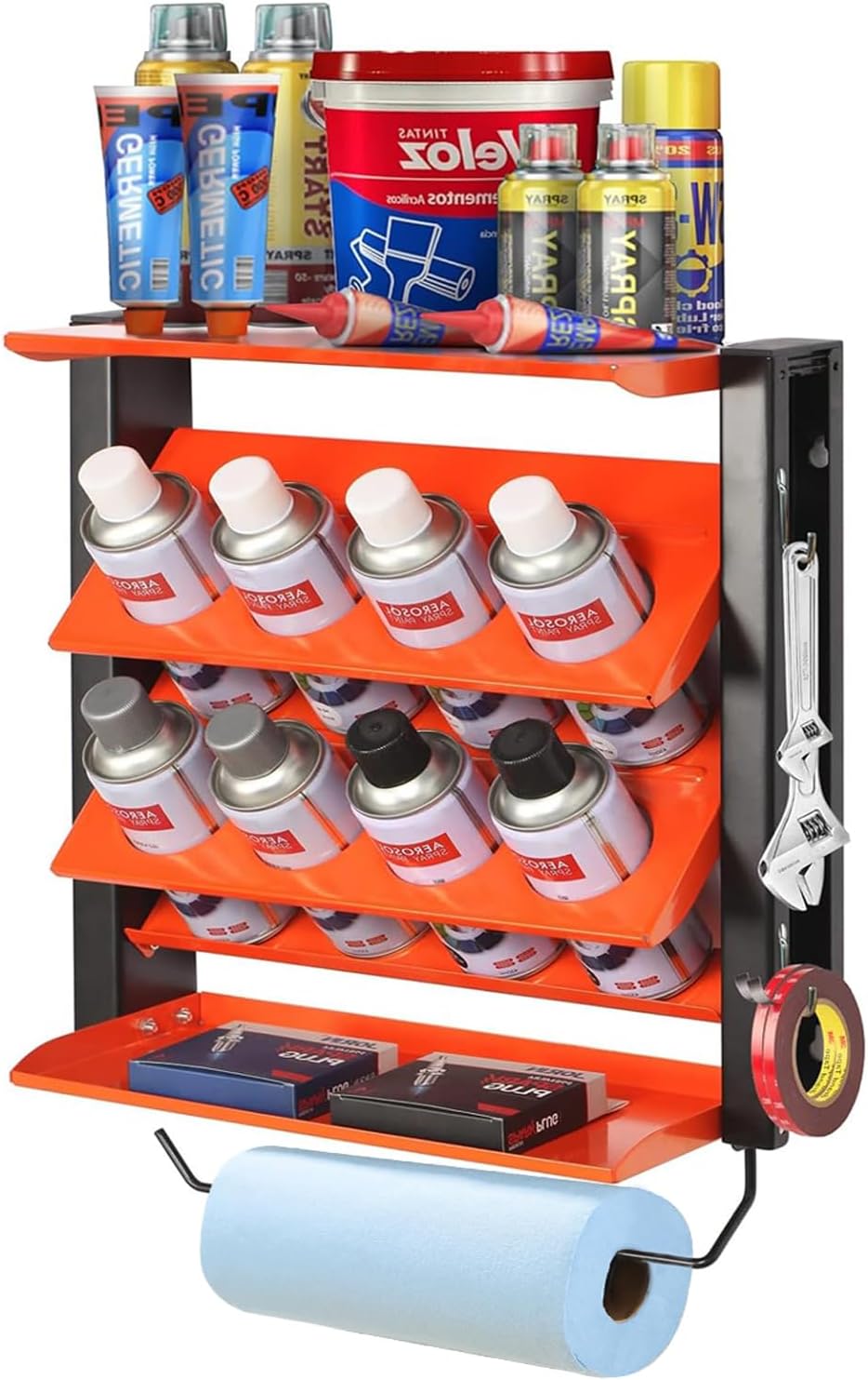 Wallmaster Spray Can Holder, Lube Can Wall Mount Storage Rack Heavy Duty Paint Bottle Organizer for Garage & Home | 8 Can Holes & 2 Shelf, Orange