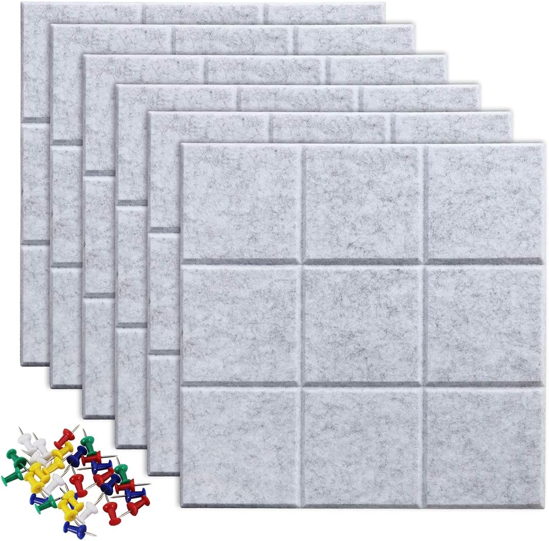 Uoisaiko Large Felt Board Tiles with 30 Pins, 30x30cm Pack of 6 Bulletin Board Notice Boards for Home Office Kitchen, Self Adhesive Pin Board Wall Tiles for Photos Memos