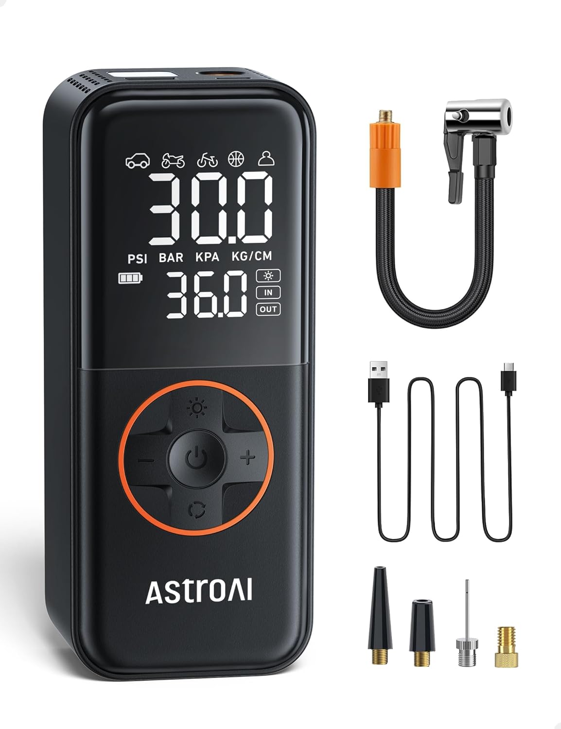 AstroAI L4 Cordless Tyre Inflator Air Compressor, 6600mah Rechargeable Battery Tyre Pump 150 PSI, with Digital Dual Values Display, Pressure Gauge, LEDLight, for Car, Bike, Motorcycle, Ball