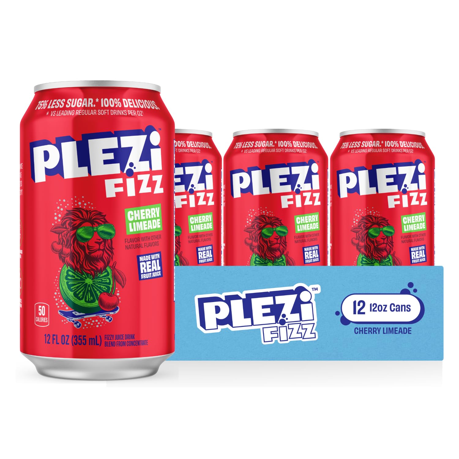 PLEZi FiZZ Cherry Limeade, Sparkling Juice Drink with Real Fruit Juice – No Added Sugar, Soda Soft Drinks Alternative – Low Sugar Beverage, Good Source of Fiber, 12 Fl Oz (12 Pack)