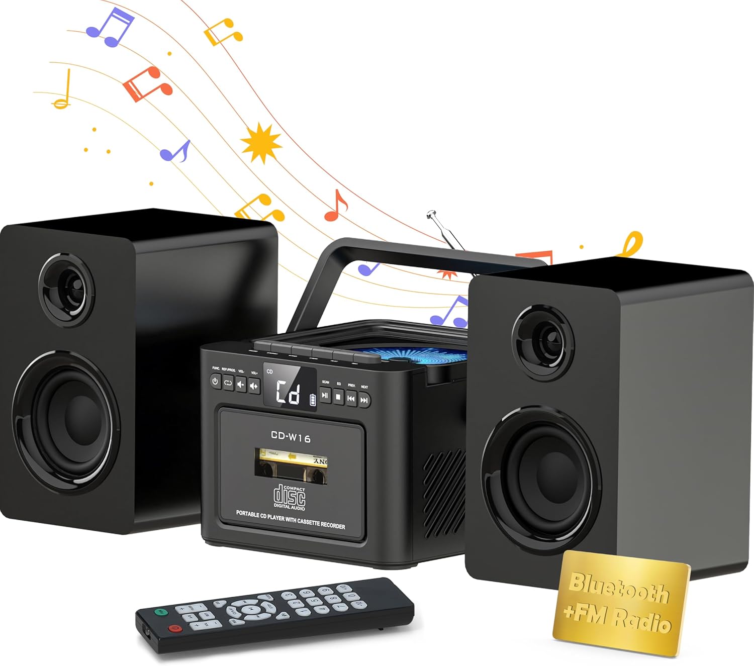 Bluetooth 5.1 Stereo Shelf System with Cassette and CD Player, Powerful 40W Speakers with FM Radio, Tape Recording, Backlit LCD Display, USB, AUX, Remote Control Bookshelf Stereo System for Home