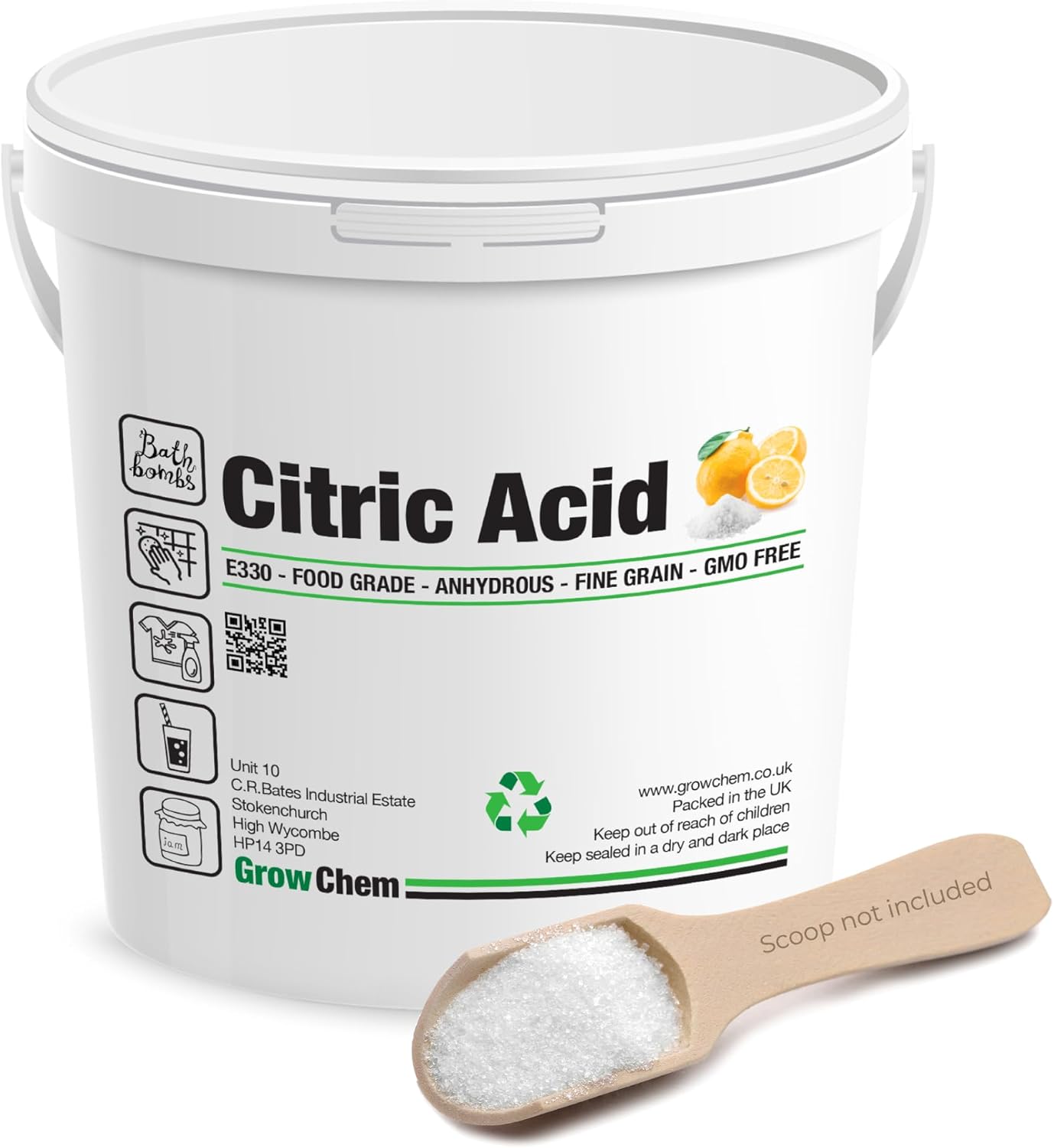 Grow Chem Citric Acid – Anhydrous Form, 1KG Bucket for Cleaning, Descaling, Food Preservation