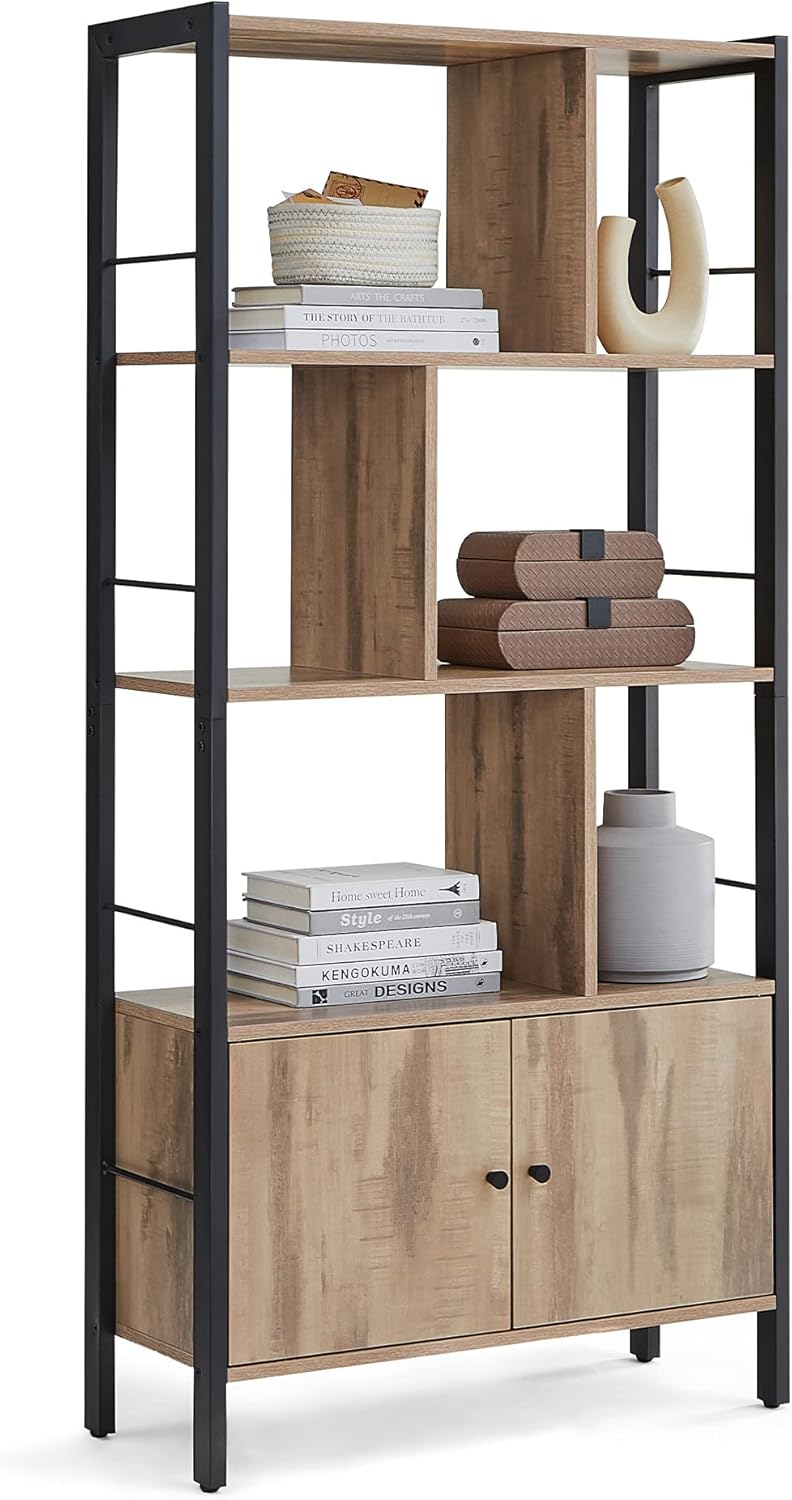 VASAGLE Bookshelf, Storage Shelf, Large Bookcase with Doors, 4 Shelves, Steel Structure, Industrial Style, for Living Room, Office, Toasted Oak Colour and Black LBC022B50