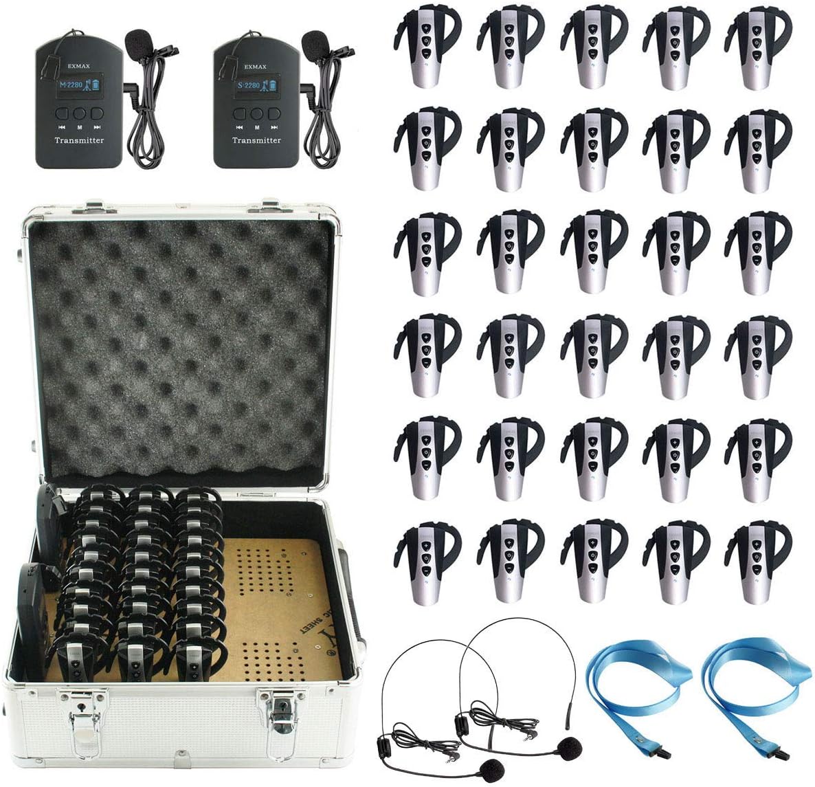EXMAX® EXD-6824 2.4G Hands-free Audio Tour Guide System with 9999 Channel ID for Interpreter to Simultaneous Interpretation,for Tour Guide to travel (2 Transmitters 30 Receivers & 32-slot Charge Case)