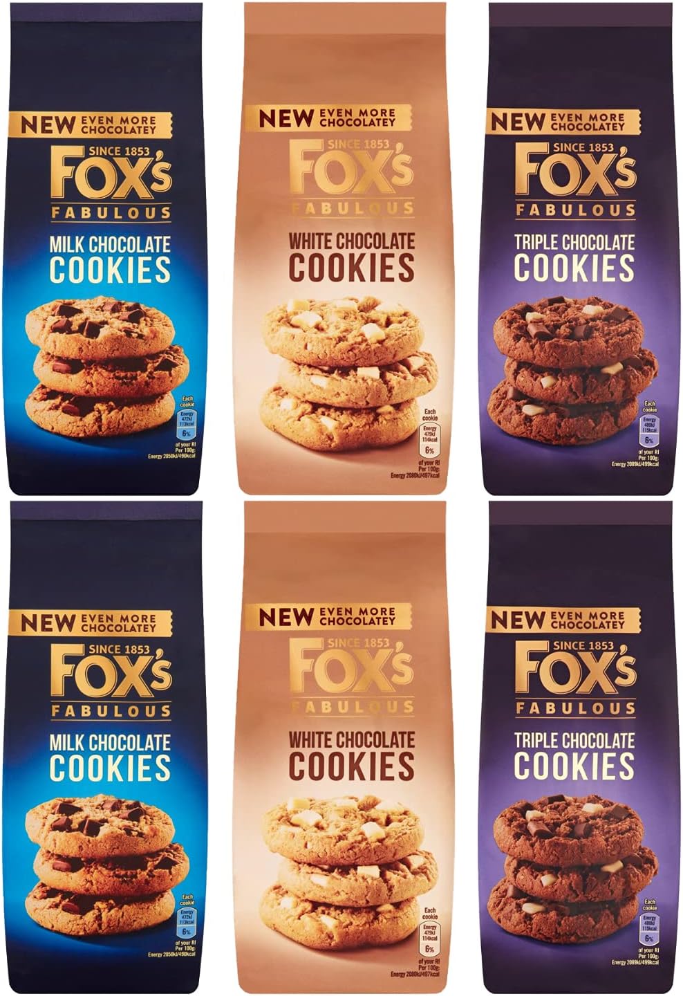 Fox's Fabulous Chunky Cookies 6 x 180g - Milk chocolate, white chocolate, triple chocolate