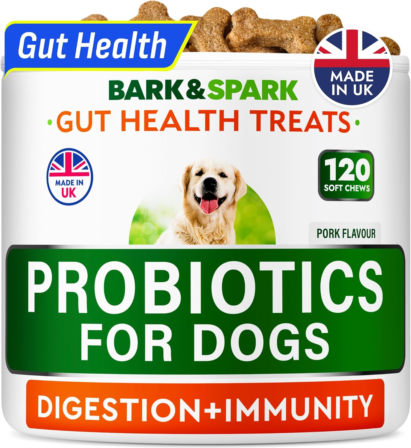 Advanced Dog Probiotics for Gut Health - Made in the UK - Pre, Post & Probiotic Treats - Dogs Digestive Health Sensitive Tums Support - All Breeds & Ages - Probiotics for Dogs (120 Ct, BBQ Pork)